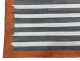 Modern Handmade Cotton Sky Blue, Gray And Terracotta Scalloped Striped Area Rug-6831