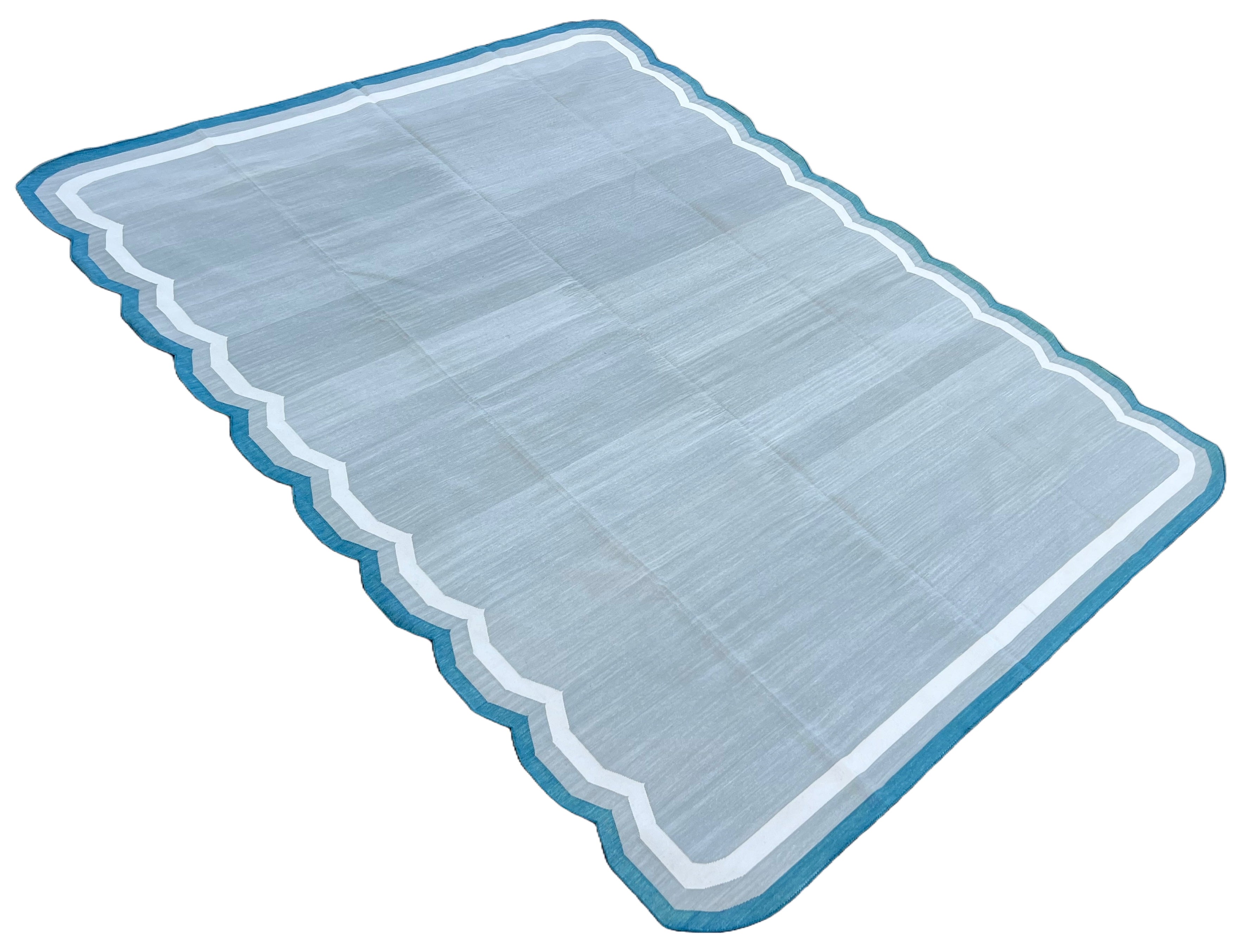 Modern Handmade Cotton Gray, Cream and Teal Blue Scalloped Rug-9661