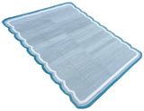 Modern Handmade Cotton Gray, Cream and Teal Blue Scalloped Rug-9661