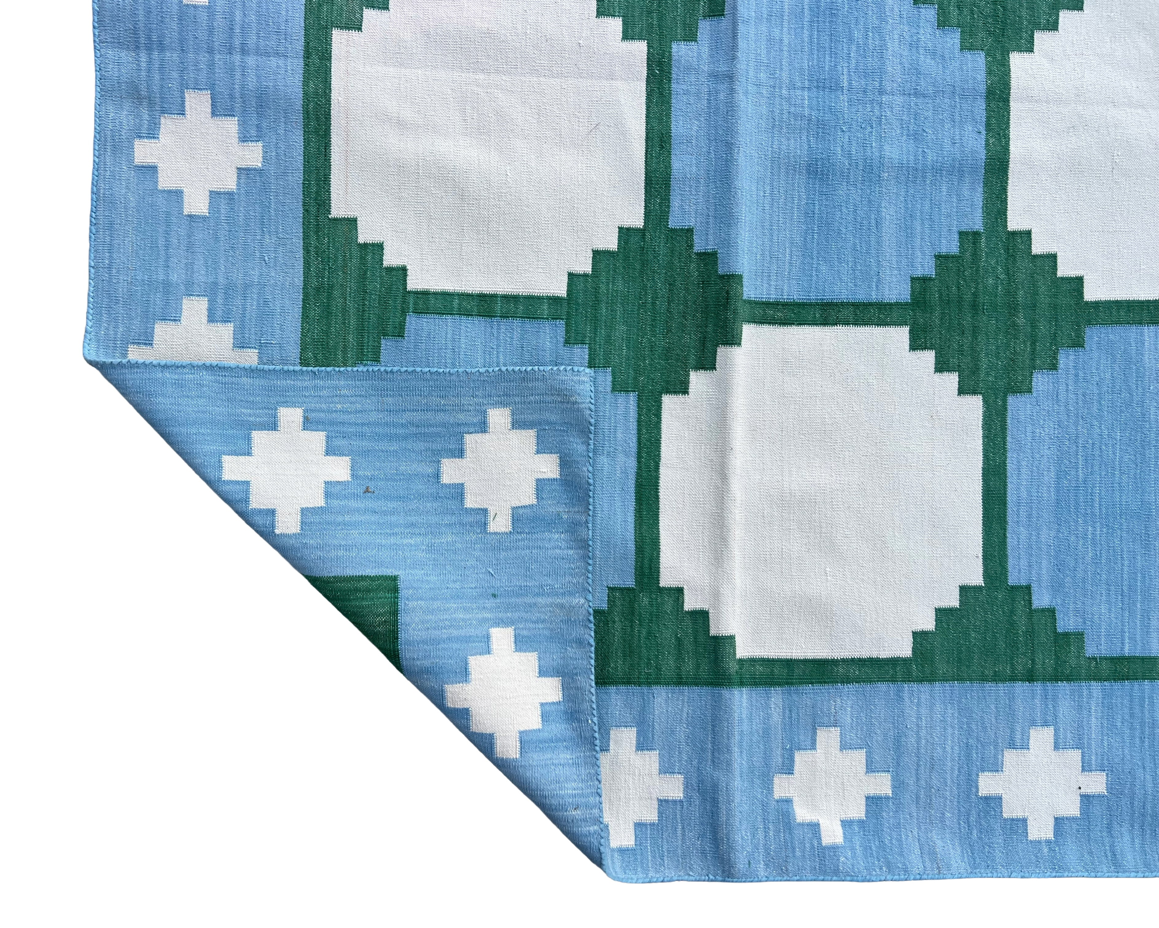 Modern Handmade Cotton Sky Blue And Green Geometric Swedish Star Rug-6813