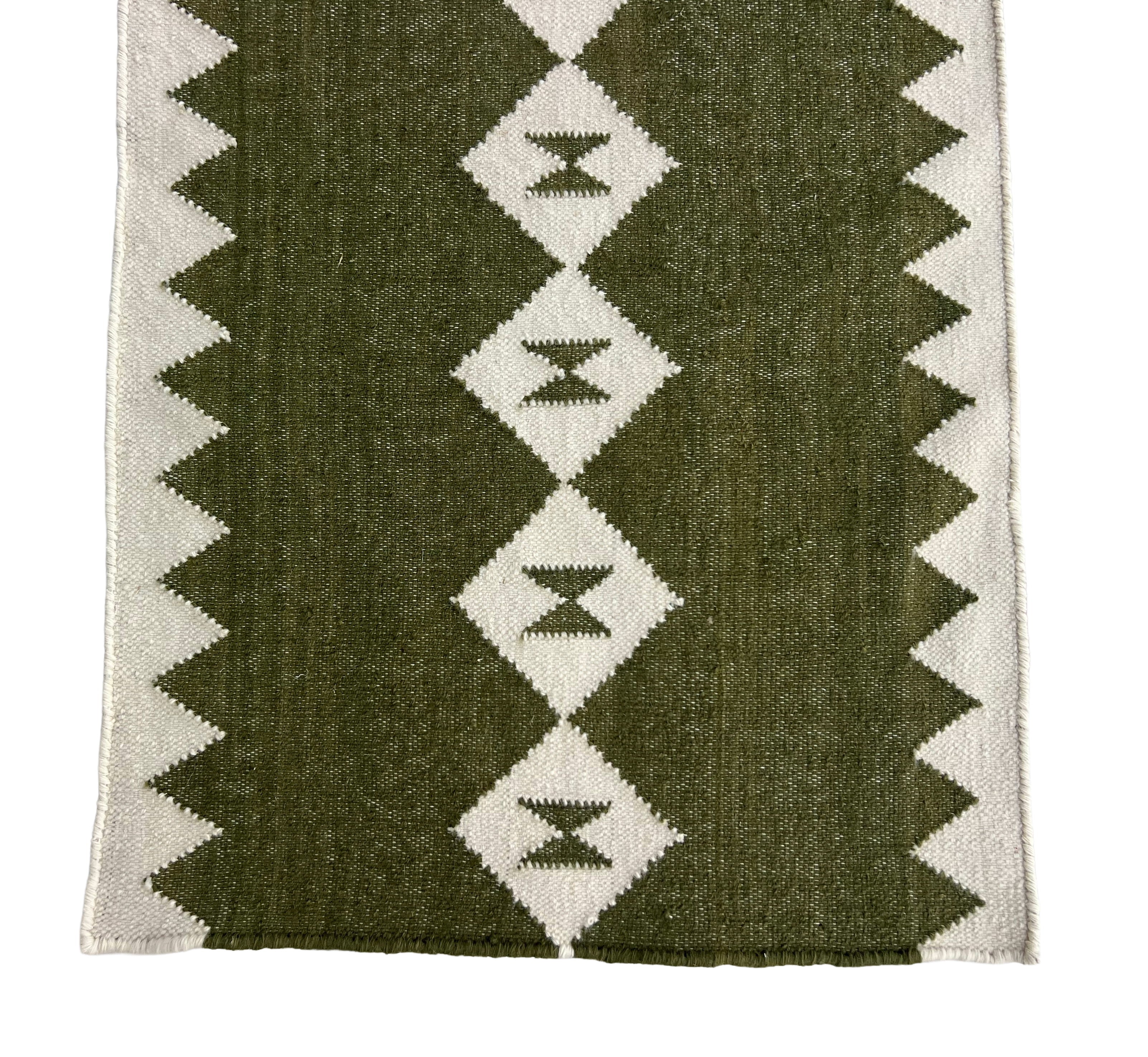 Modern Handmade New Zealand Wool Dark Olive Green And White Geometric Runner-6824