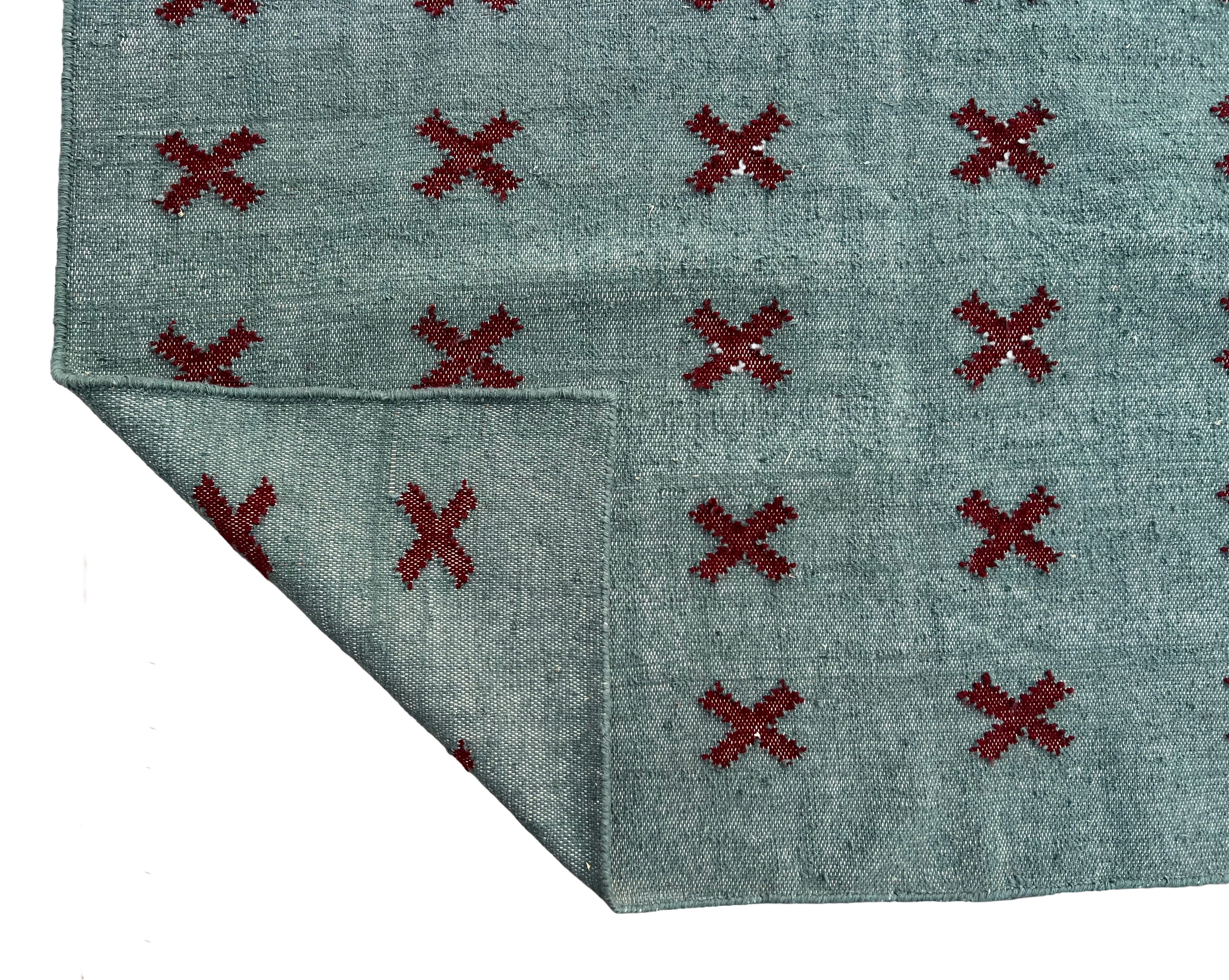 Modern Handmade Woolen Turquoise Blue And Burgundy Cross Pattern Rug-6804