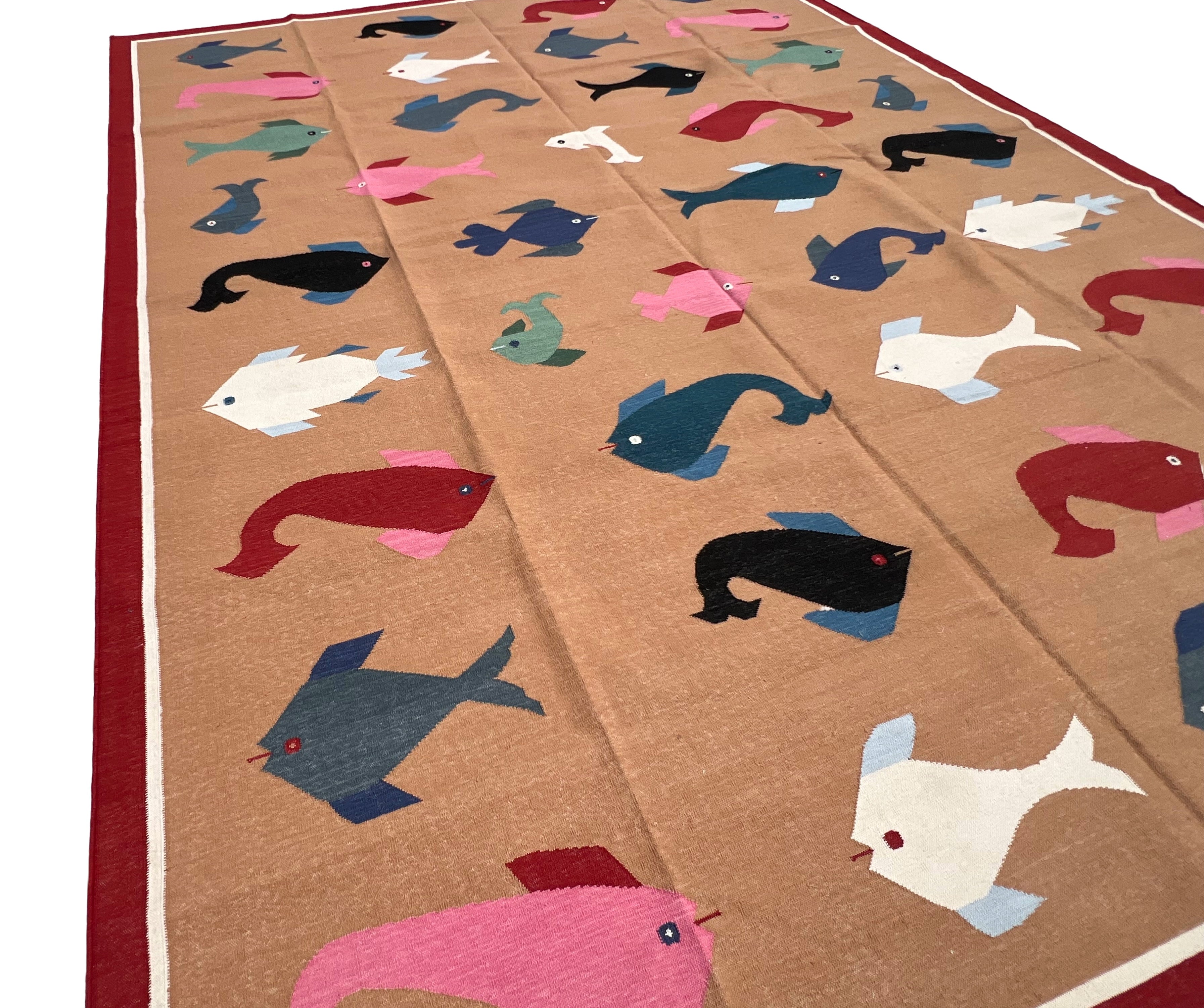 Modern Handmade Cotton Tan And Red Fish Patterned Area Rug-6840