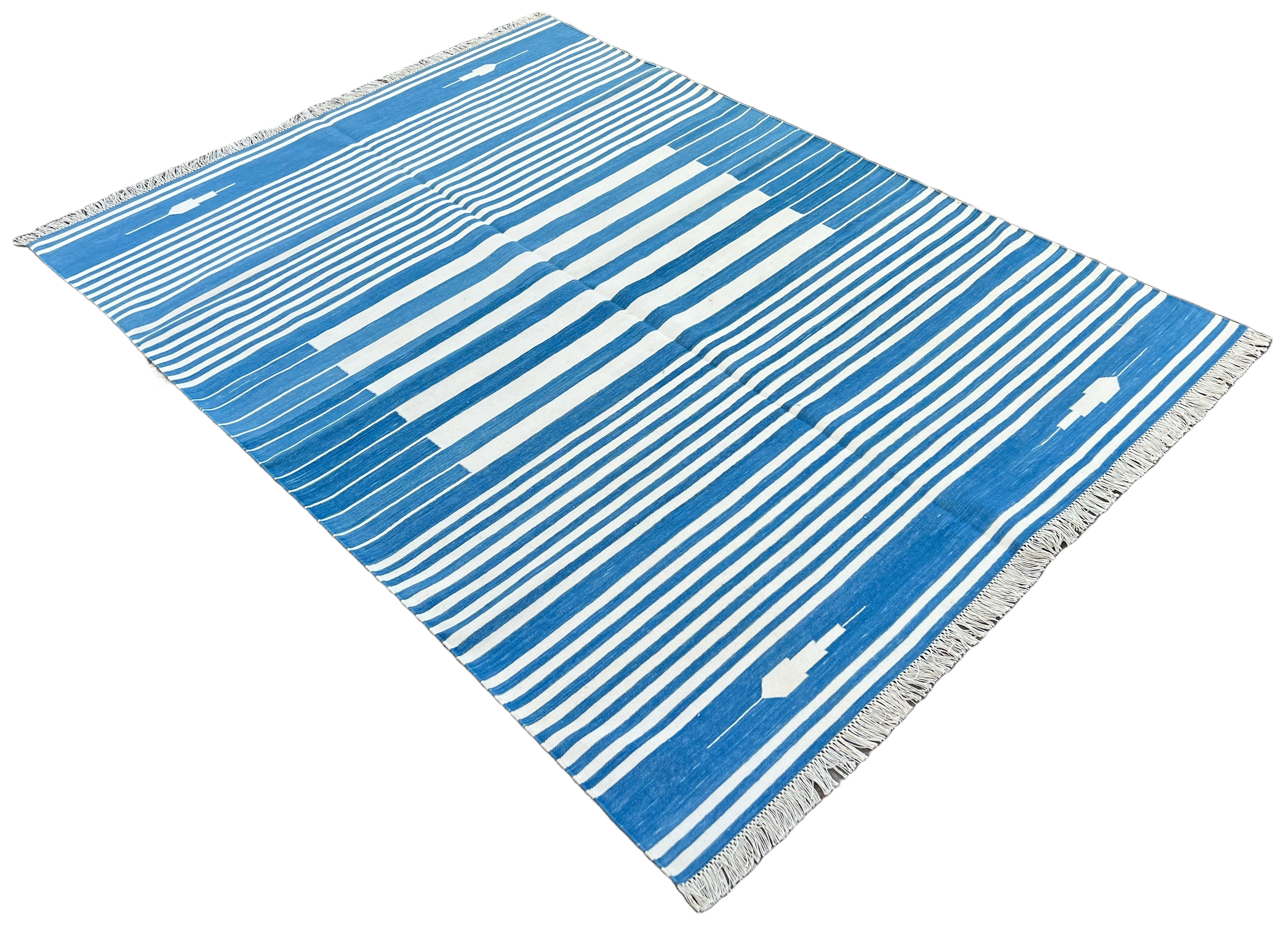 Modern Handmade Cotton Blue And White Flat Weave Striped Rug-6507