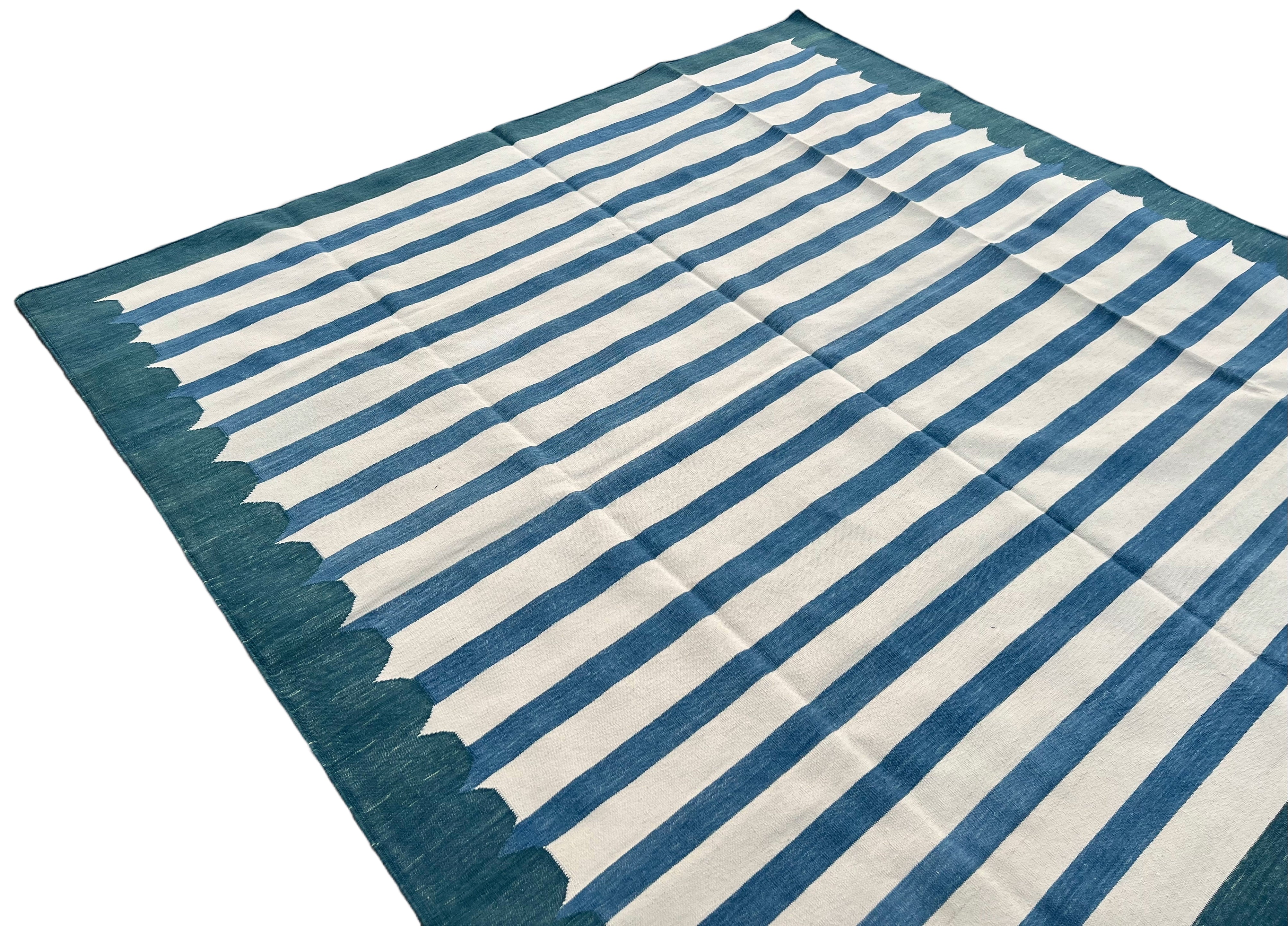 Modern Handmade Cotton Blue And White Flat Weave Striped Rug-6498