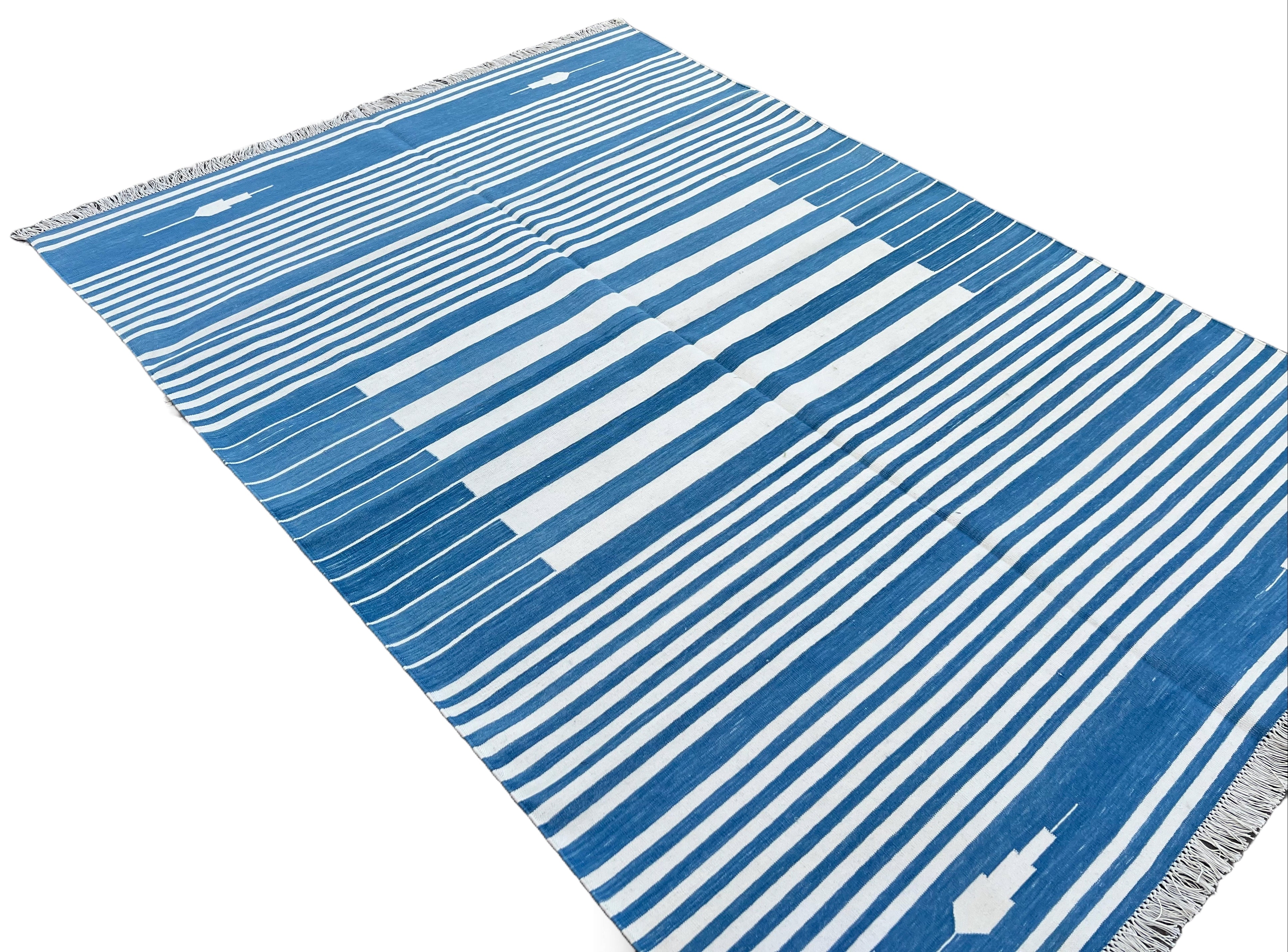 Modern Handmade Cotton Blue And White Flat Weave Striped Rug-6507