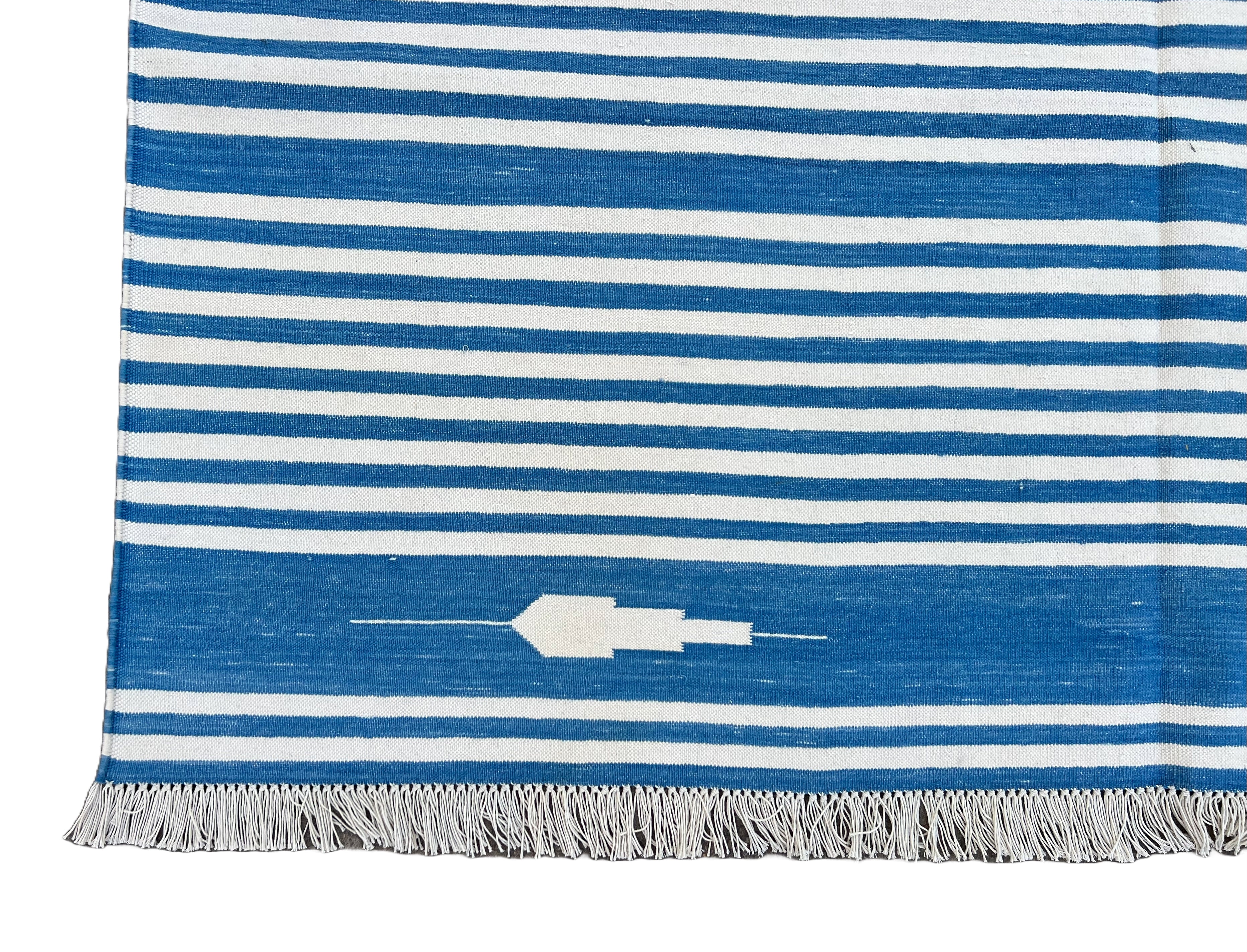Modern Handmade Cotton Blue And White Flat Weave Striped Rug-6507