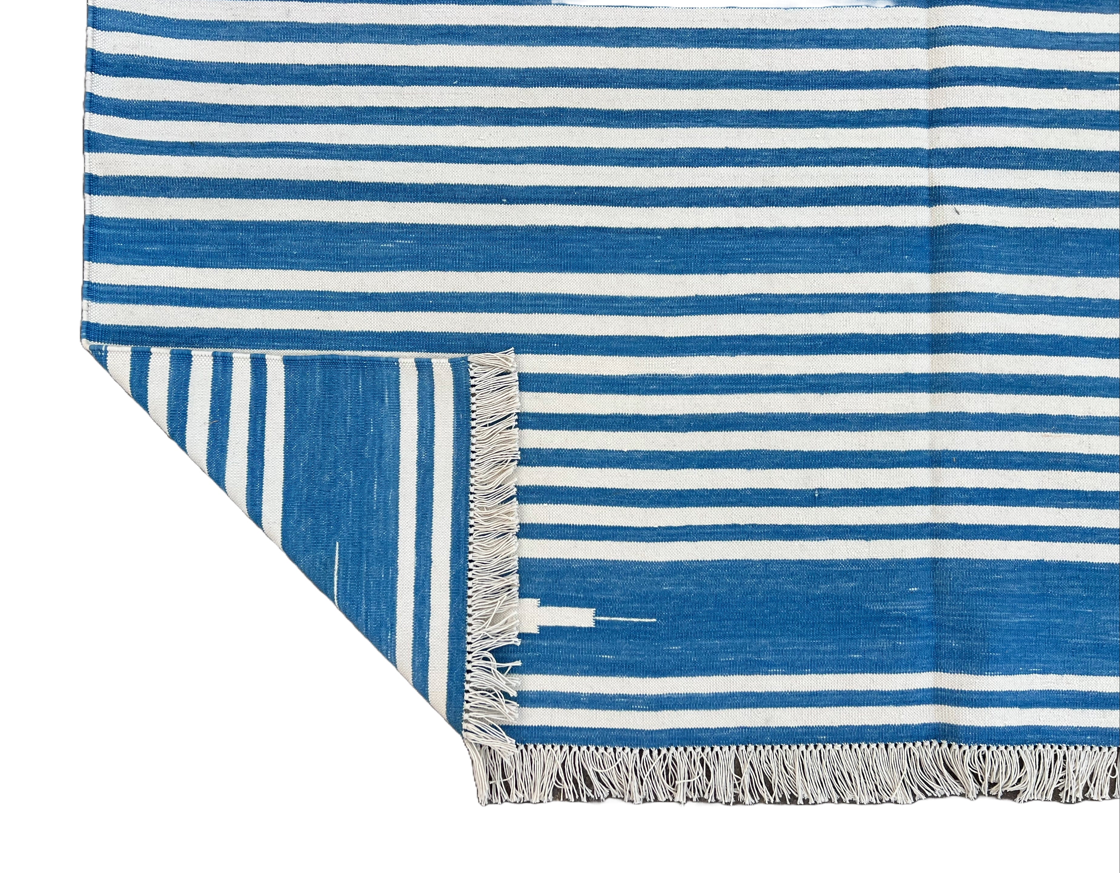 Modern Handmade Cotton Blue And White Flat Weave Striped Rug-6507