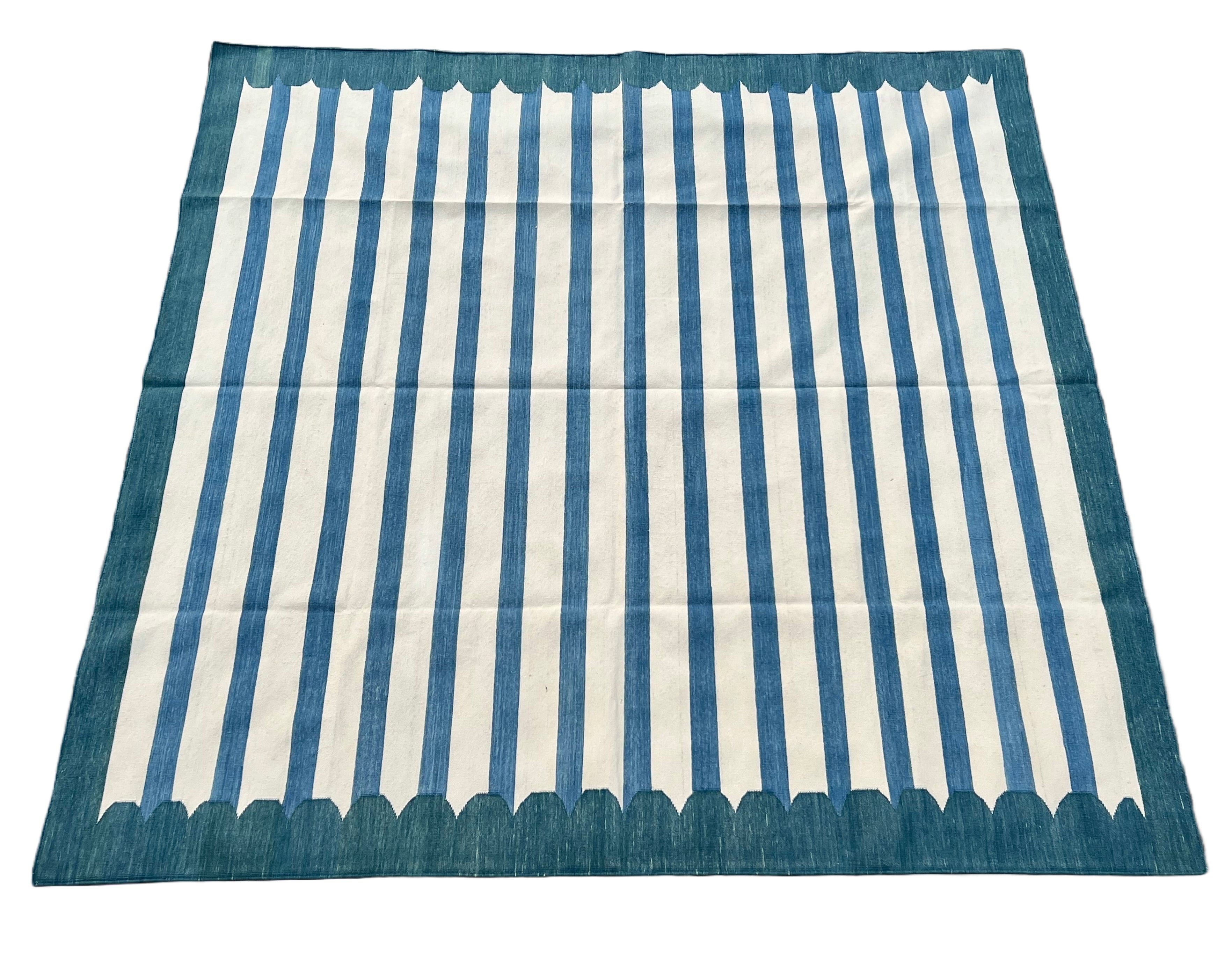 Modern Handmade Cotton Blue And White Flat Weave Striped Rug-6498