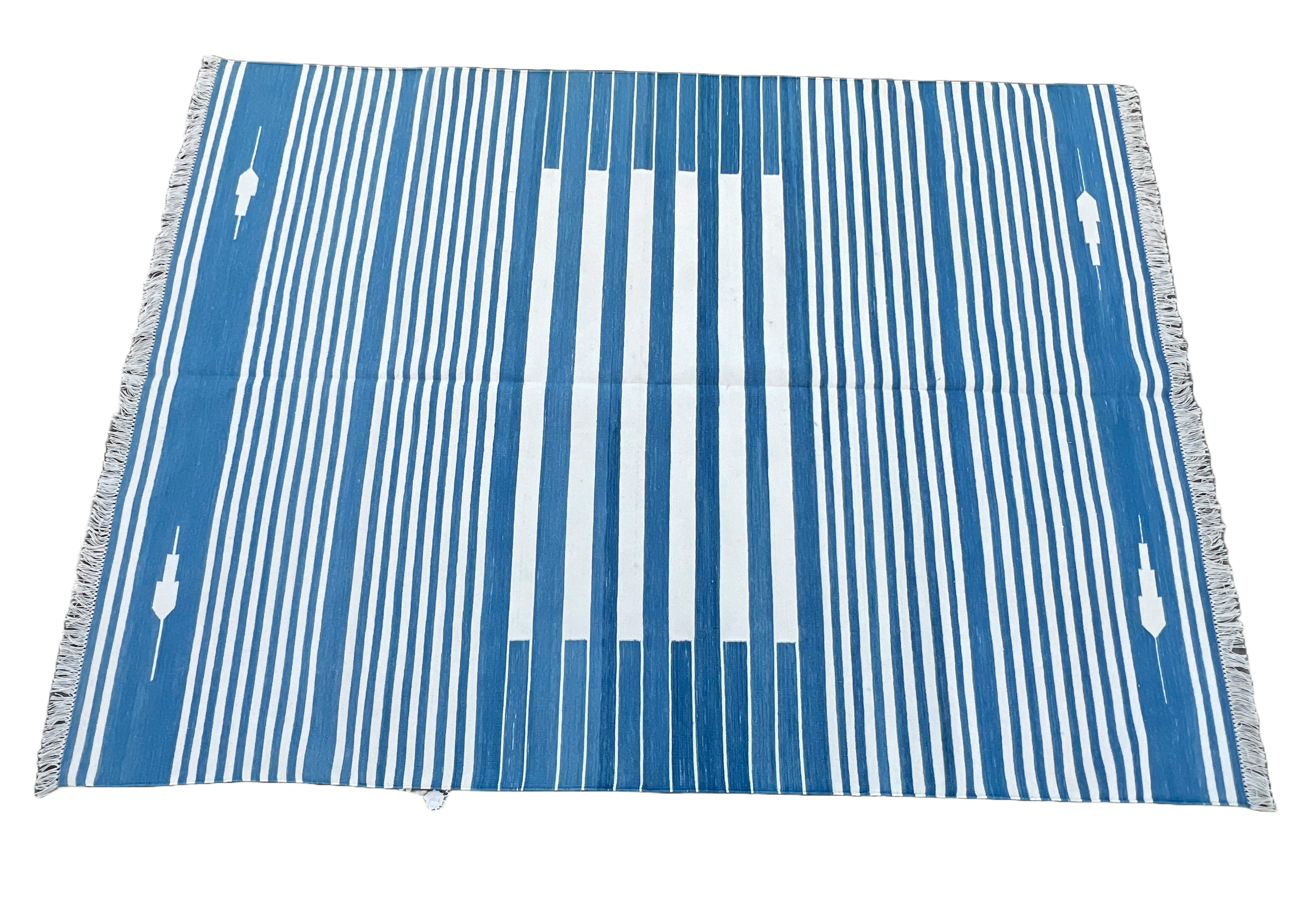 Modern Handmade Cotton Blue And White Flat Weave Striped Rug-6507