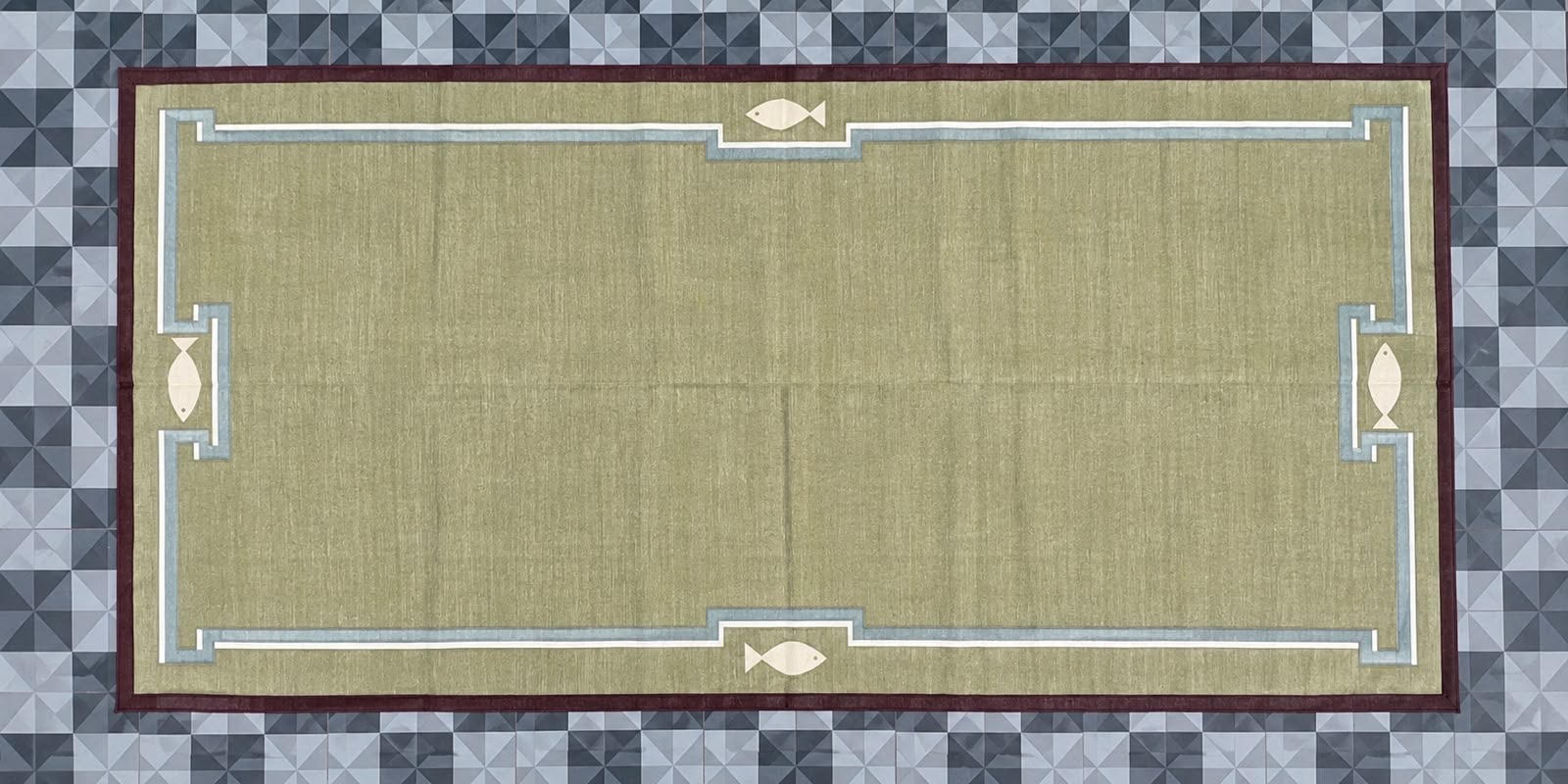 Modern Handmade Cotton Olive Green, Cream And Wine Color Fish Pattern Runner-6847