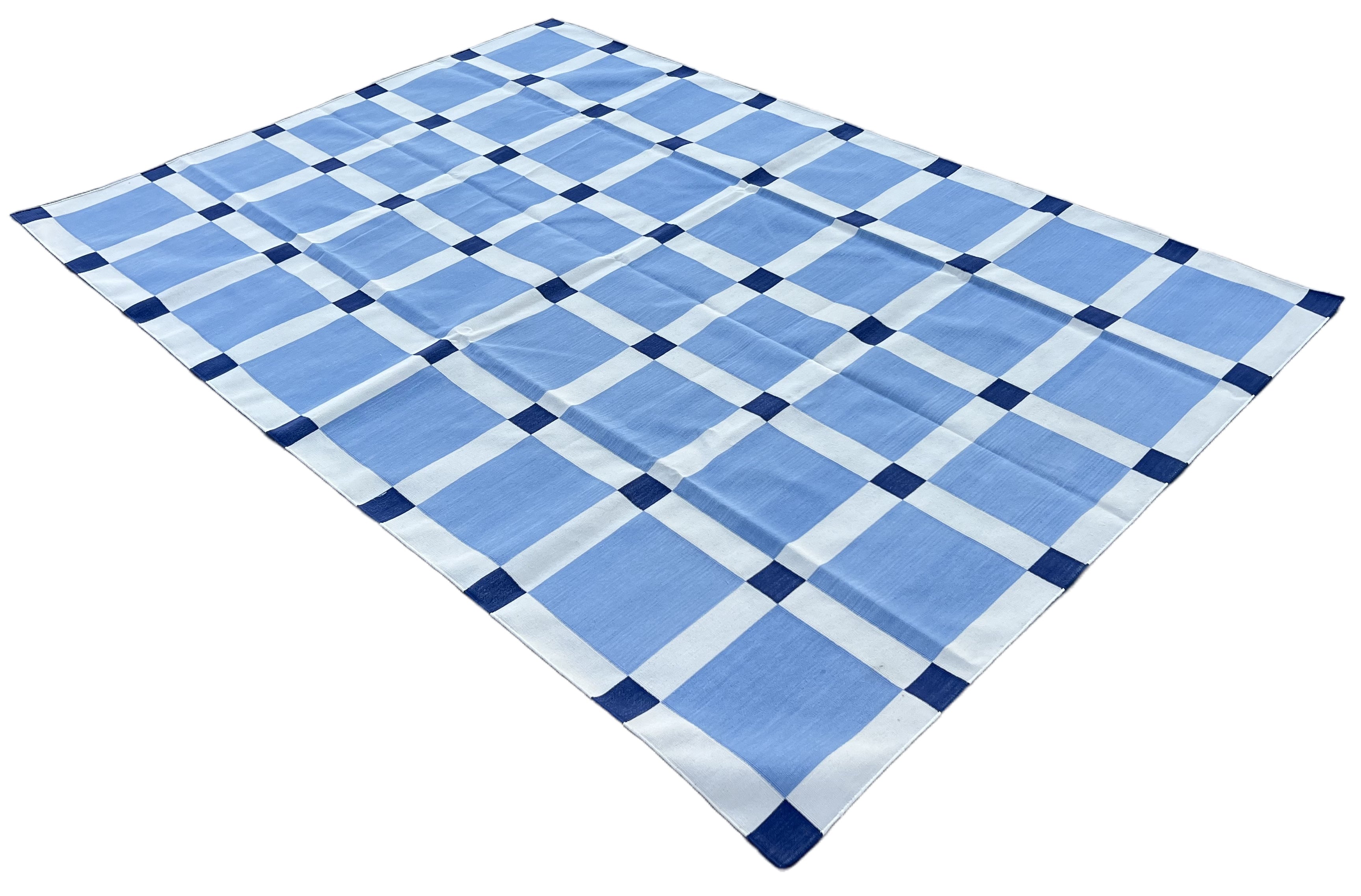 Modern Handmade Cotton Sky Blue And White Block Pattern Geometric Area Rug-6854