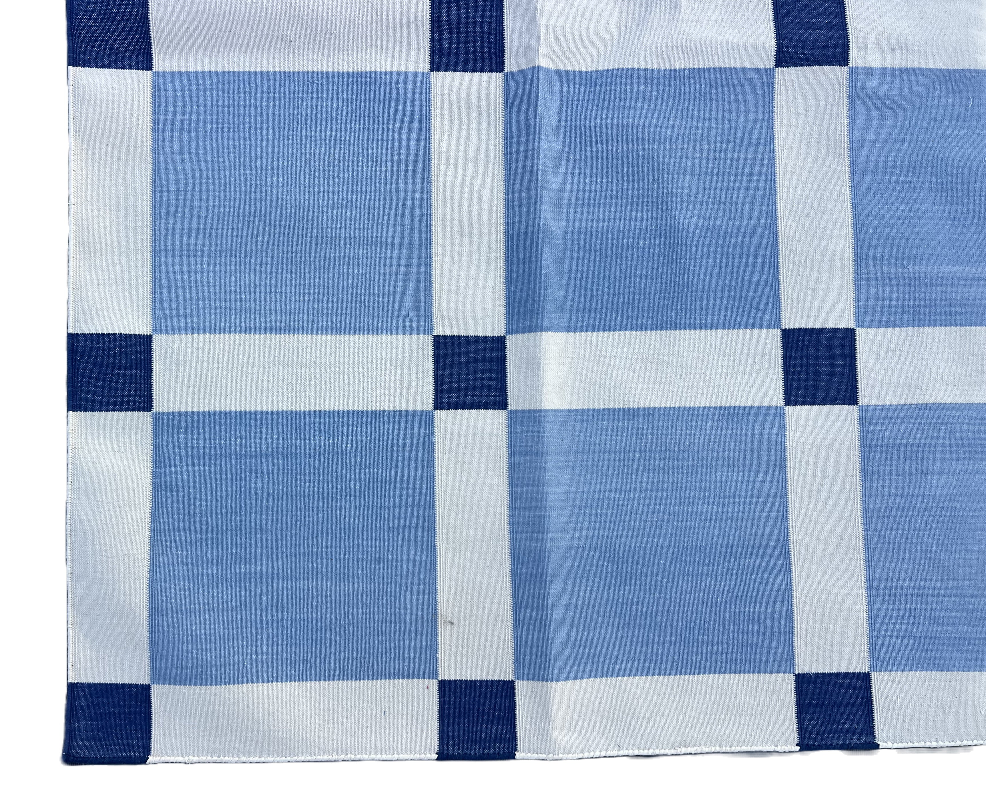 Modern Handmade Cotton Sky Blue And White Block Pattern Geometric Area Rug-6854