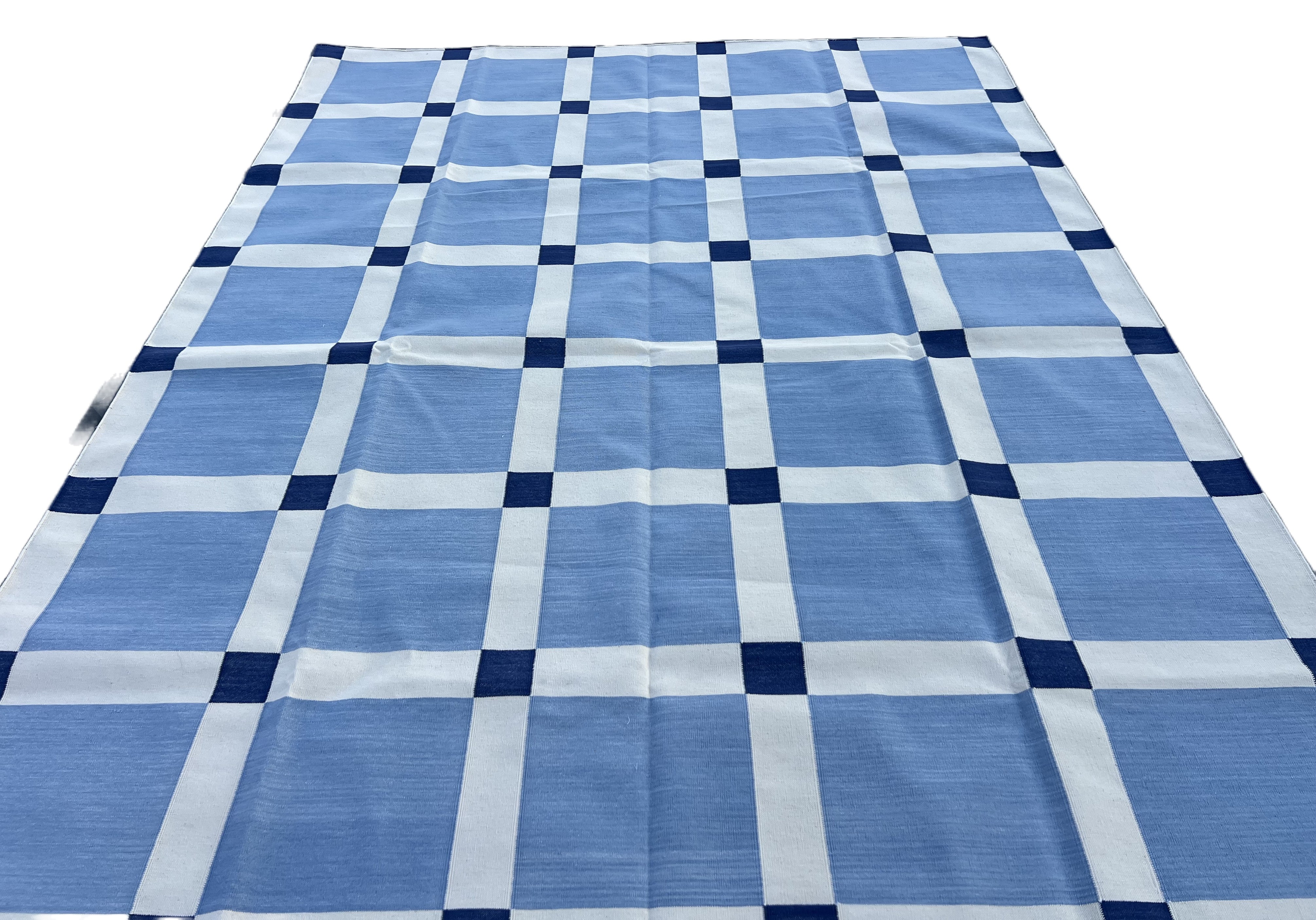 Modern Handmade Cotton Sky Blue And White Block Pattern Geometric Area Rug-6854