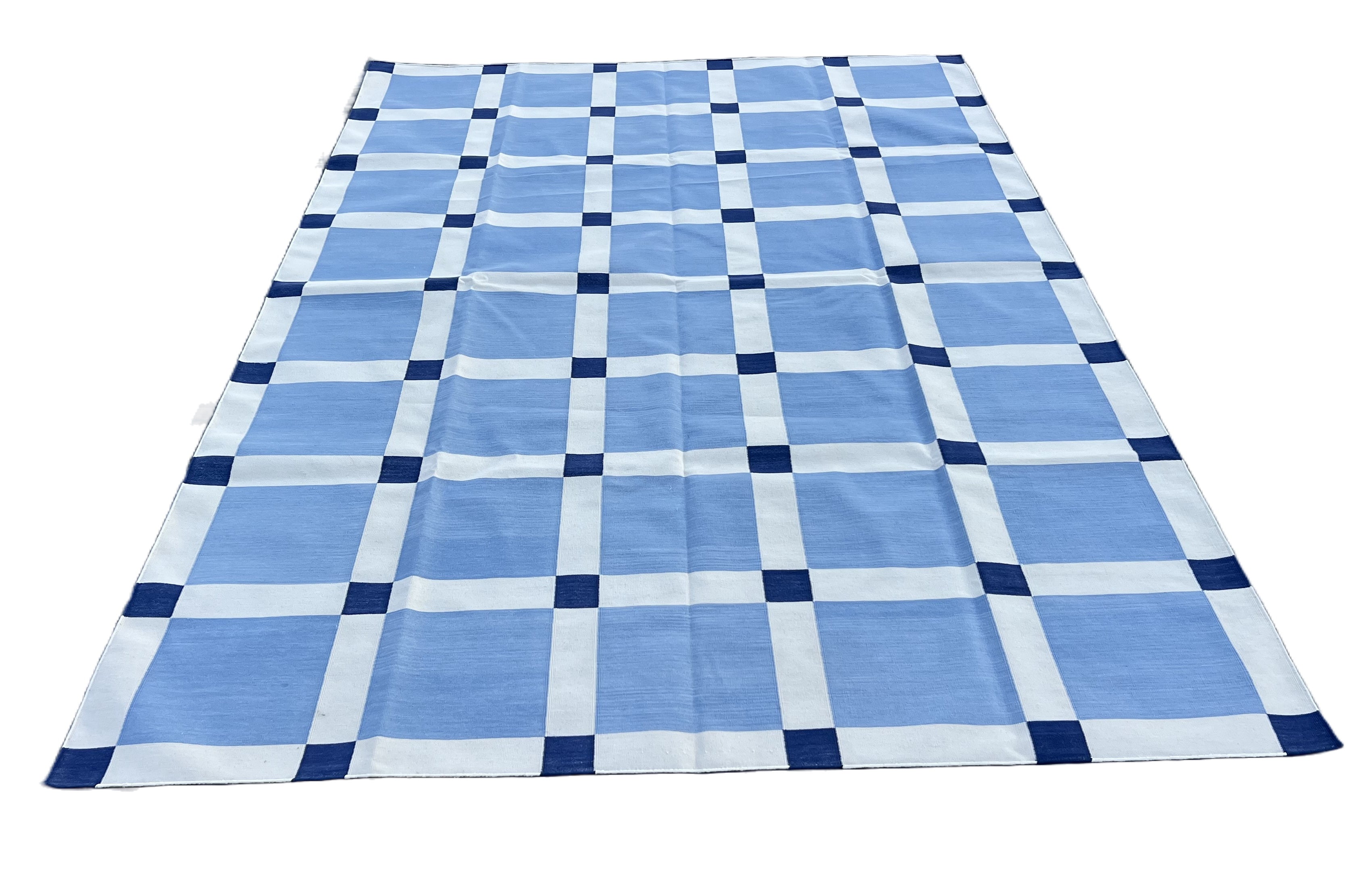 Modern Handmade Cotton Sky Blue And White Block Pattern Geometric Area Rug-6854