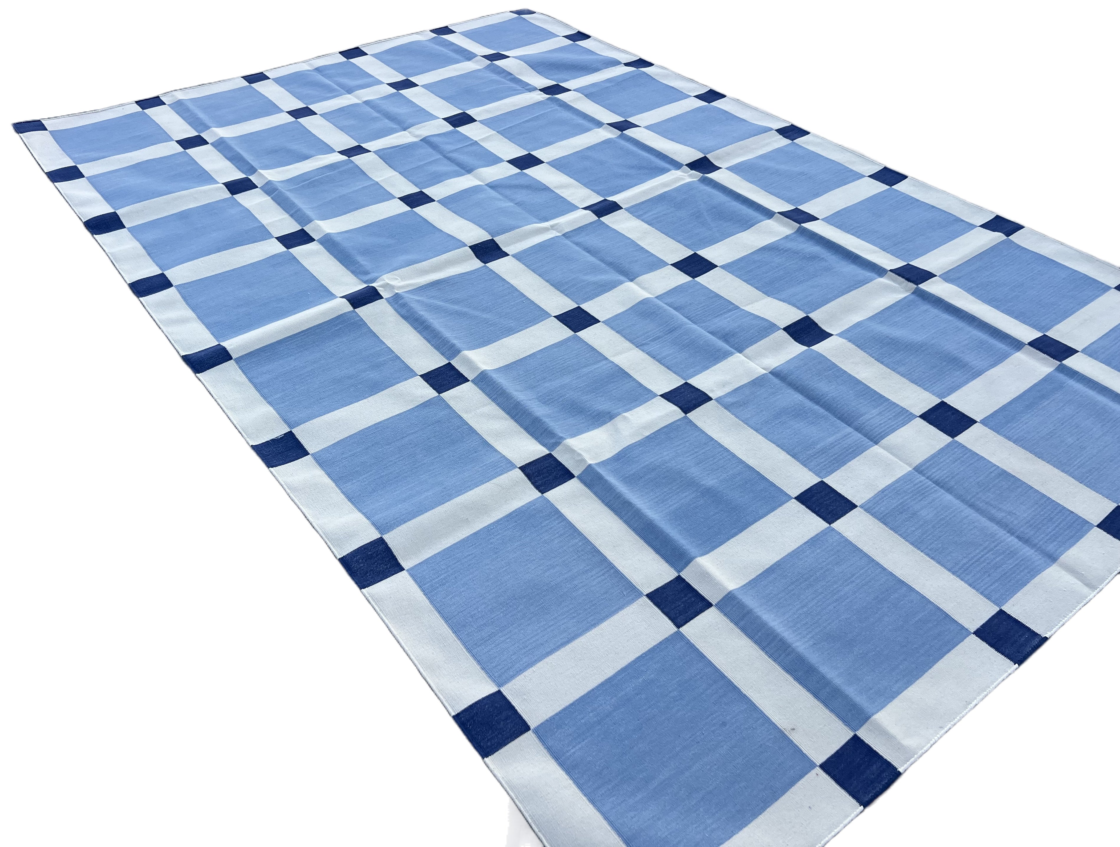Modern Handmade Cotton Sky Blue And White Block Pattern Geometric Area Rug-6854