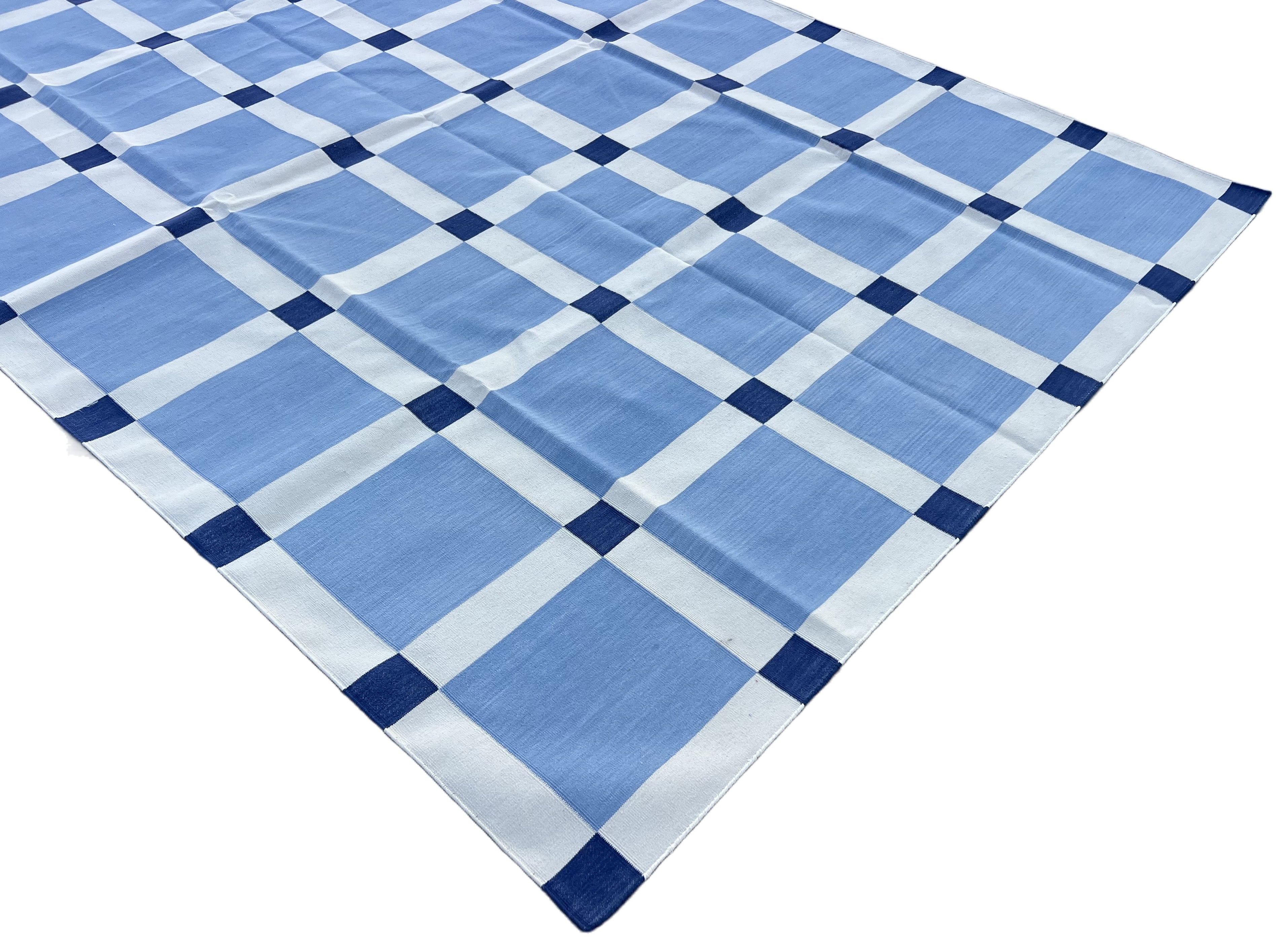 Modern Handmade Cotton Sky Blue And White Block Pattern Geometric Area Rug-6854