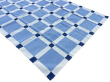 Modern Handmade Cotton Sky Blue And White Block Pattern Geometric Area Rug-6854