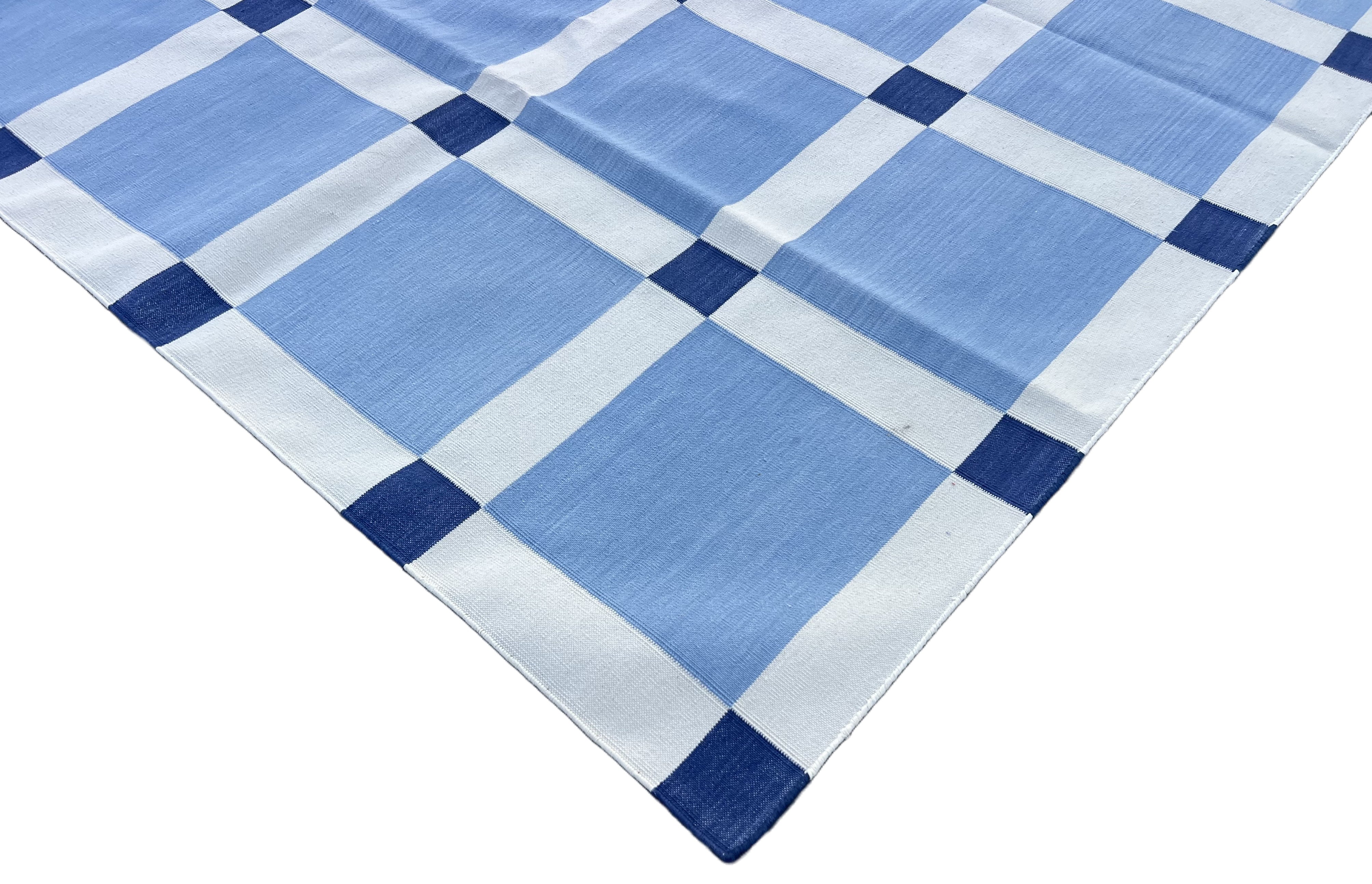 Modern Handmade Cotton Sky Blue And White Block Pattern Geometric Area Rug-6854