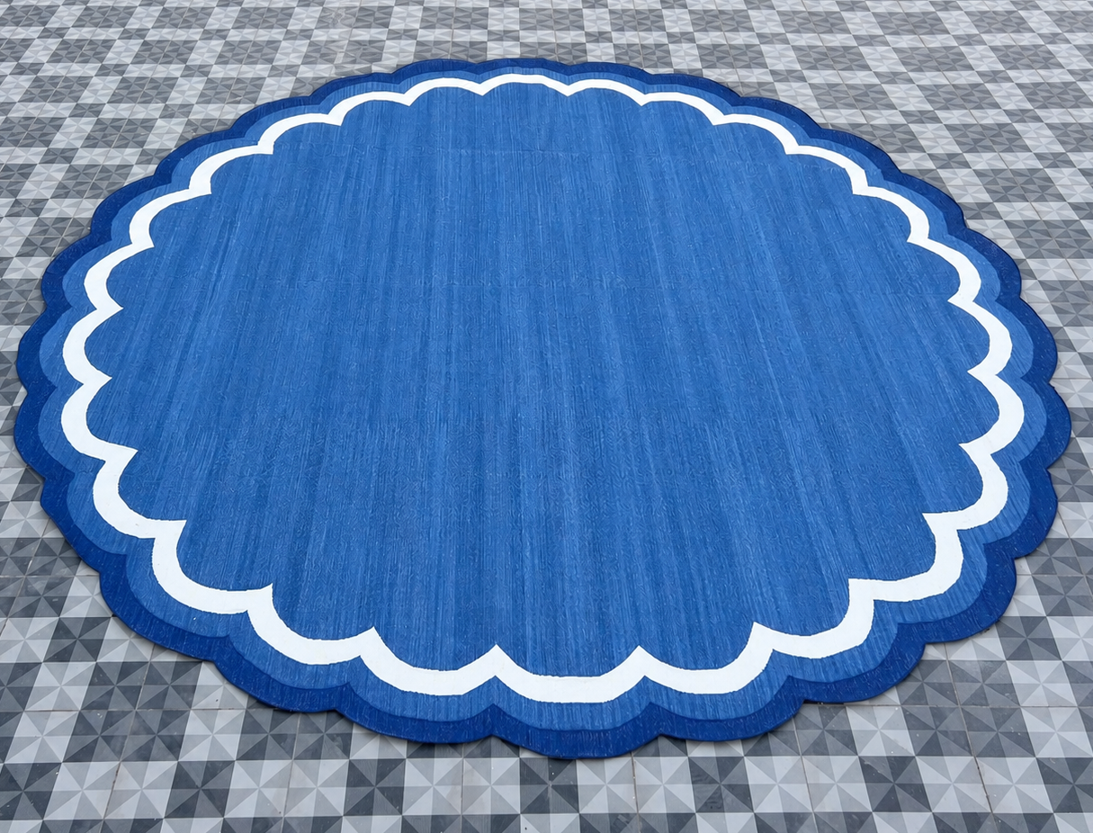 Modern Handmade Cotton Indigo Blue And White Round Scalloped Rug -9672