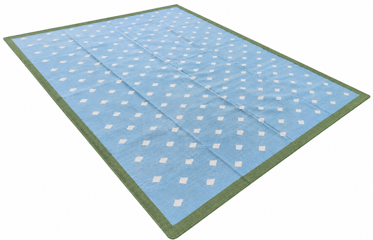 Custom Cotton Sky Blue And White Leaf Rug with 1" Green Border for Kristin Douglass in a Size 9.5'x14'7"