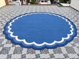 Modern Handmade Cotton Indigo Blue And White Round Scalloped Rug -9672