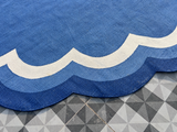 Modern Handmade Cotton Indigo Blue And White Round Scalloped Rug -9672