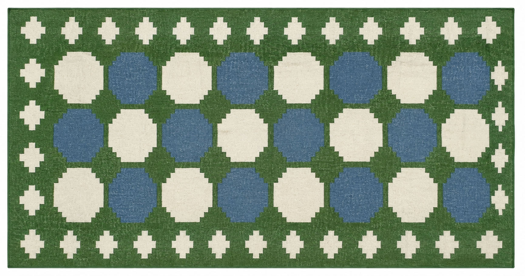 Modern Handmade New Zealand Wool Moss Green, Cream And Sky Blue Geometric Runner-6838