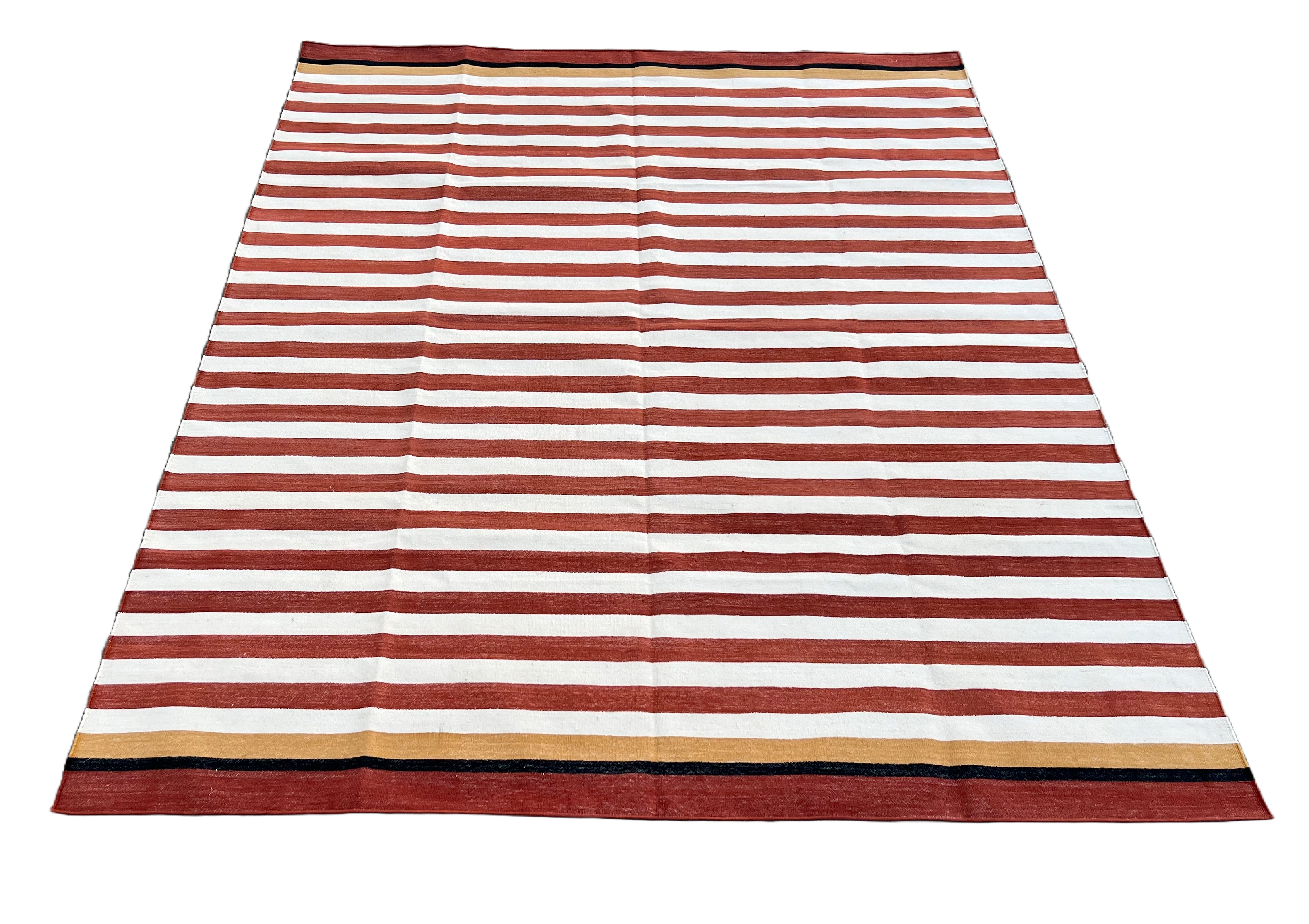 Modern Handmade Cotton Terracotta And White Striped Rug-6538