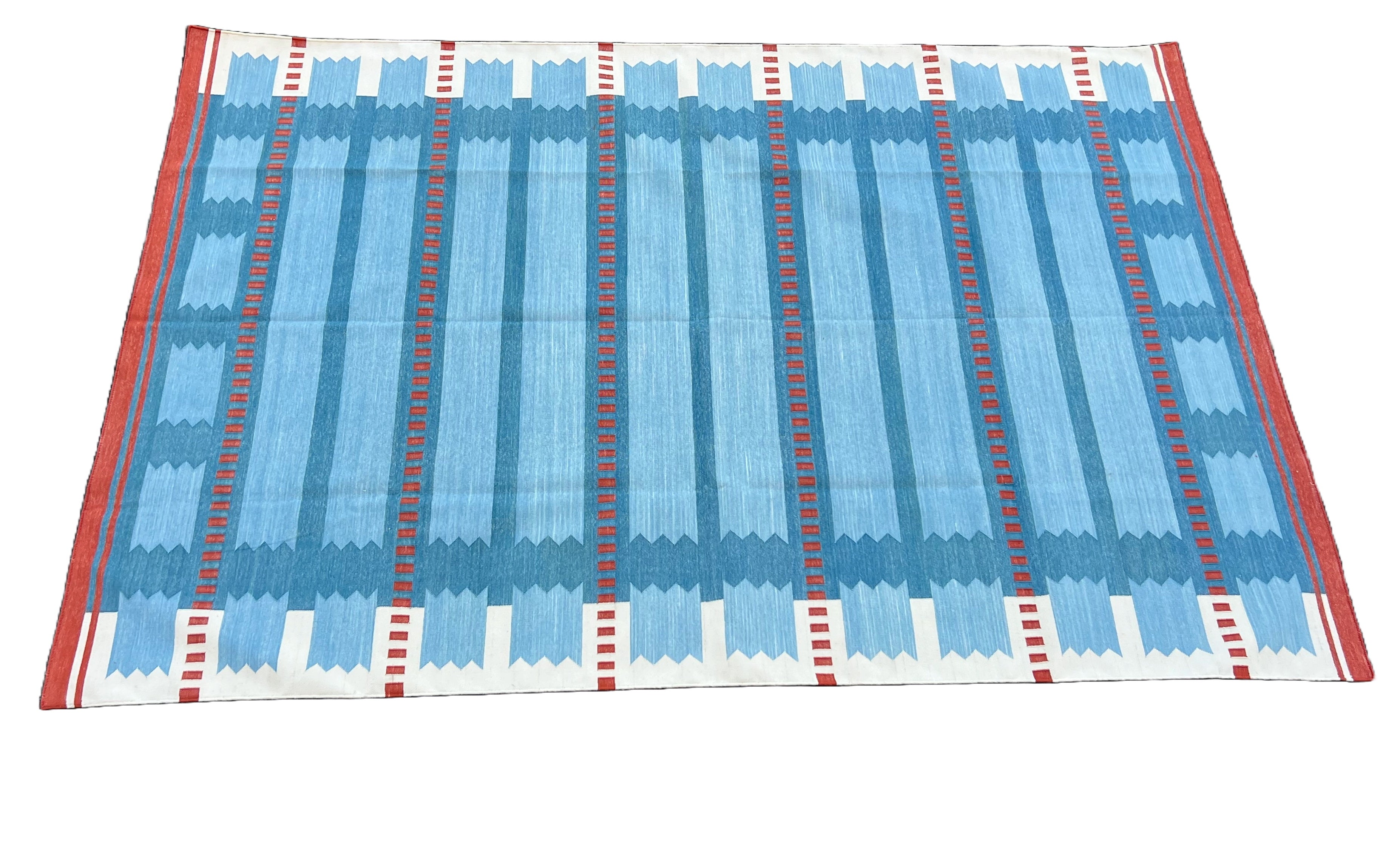 Modern Handmade Cotton Flat Weave Blue, Cream And Red Geometric Rug-6774