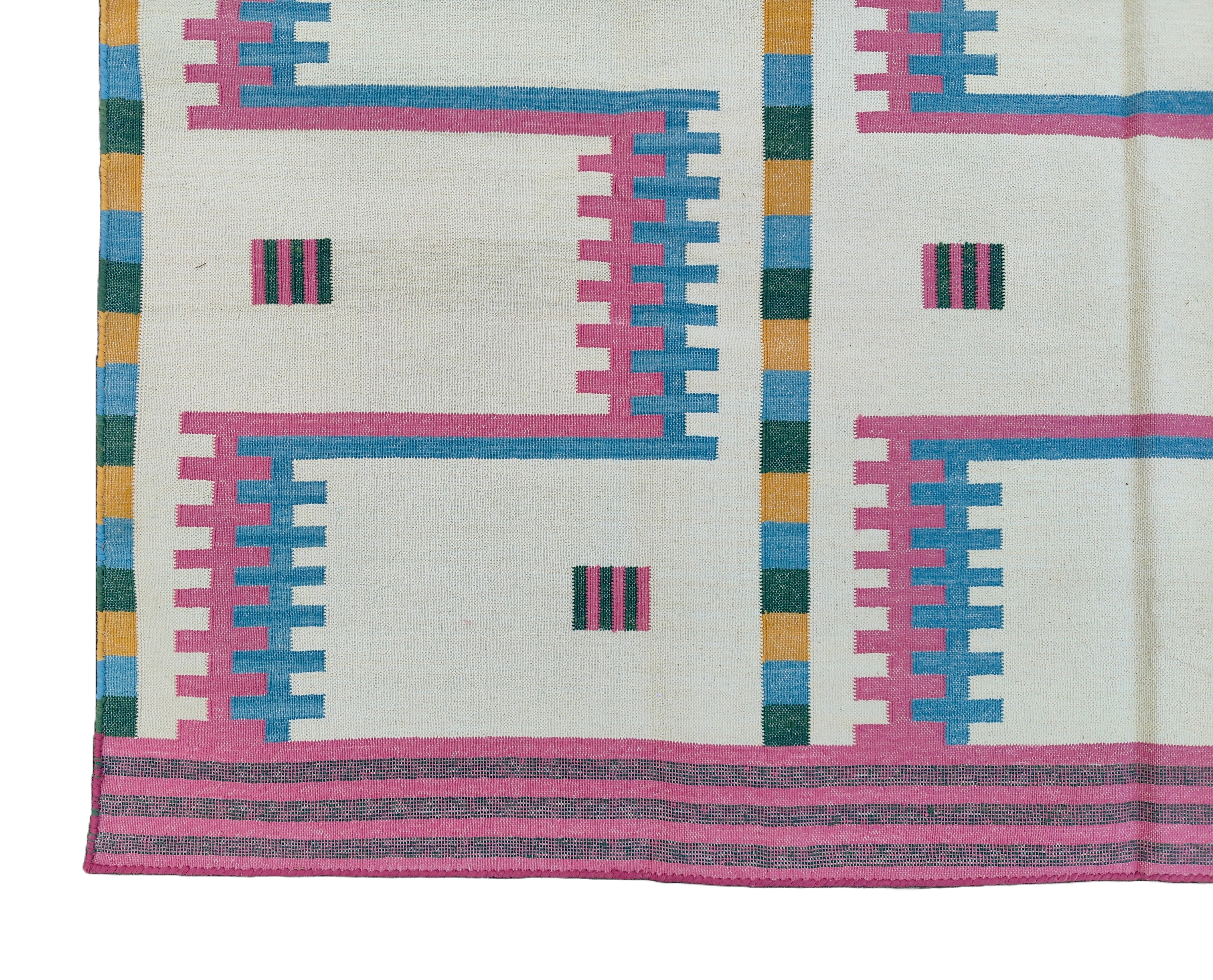 Modern Handmade Cotton Rug, 5x7 Pink And Cream Geometric Rug-6781