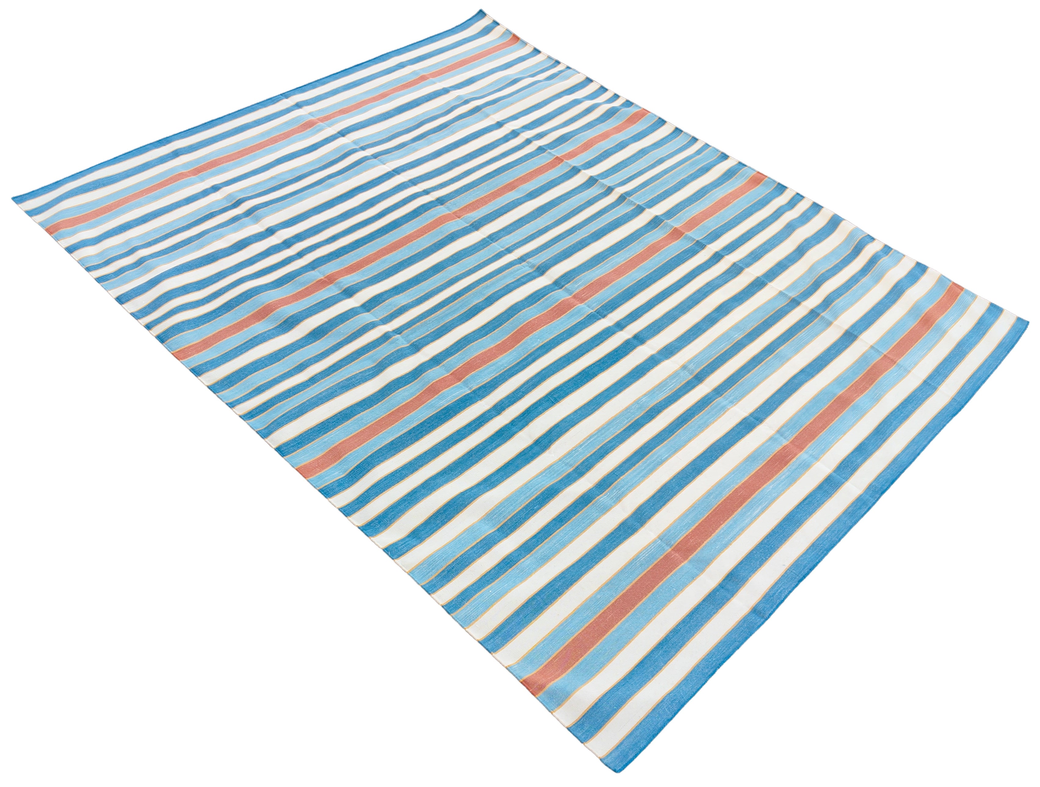 Modern Handmade Cotton Area Rug, Sky Blue, Red And Yellow Striped Indian Dhurrie -6783