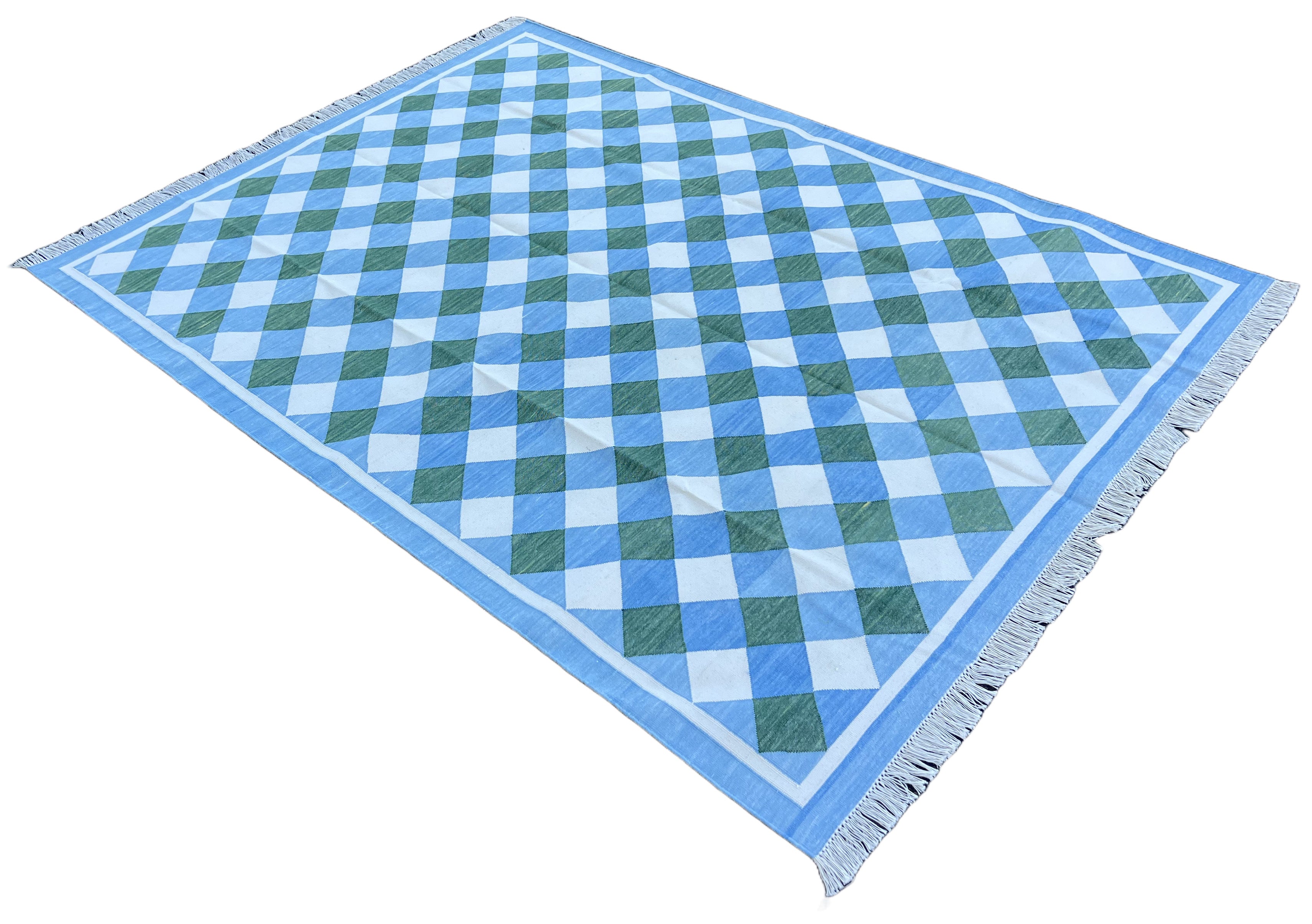 Modern Handmade Cotton Sky Blue, Cream And Forest Green Checked Rug-6760