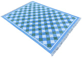 Modern Handmade Cotton Sky Blue, Cream And Forest Green Checked Rug-6760