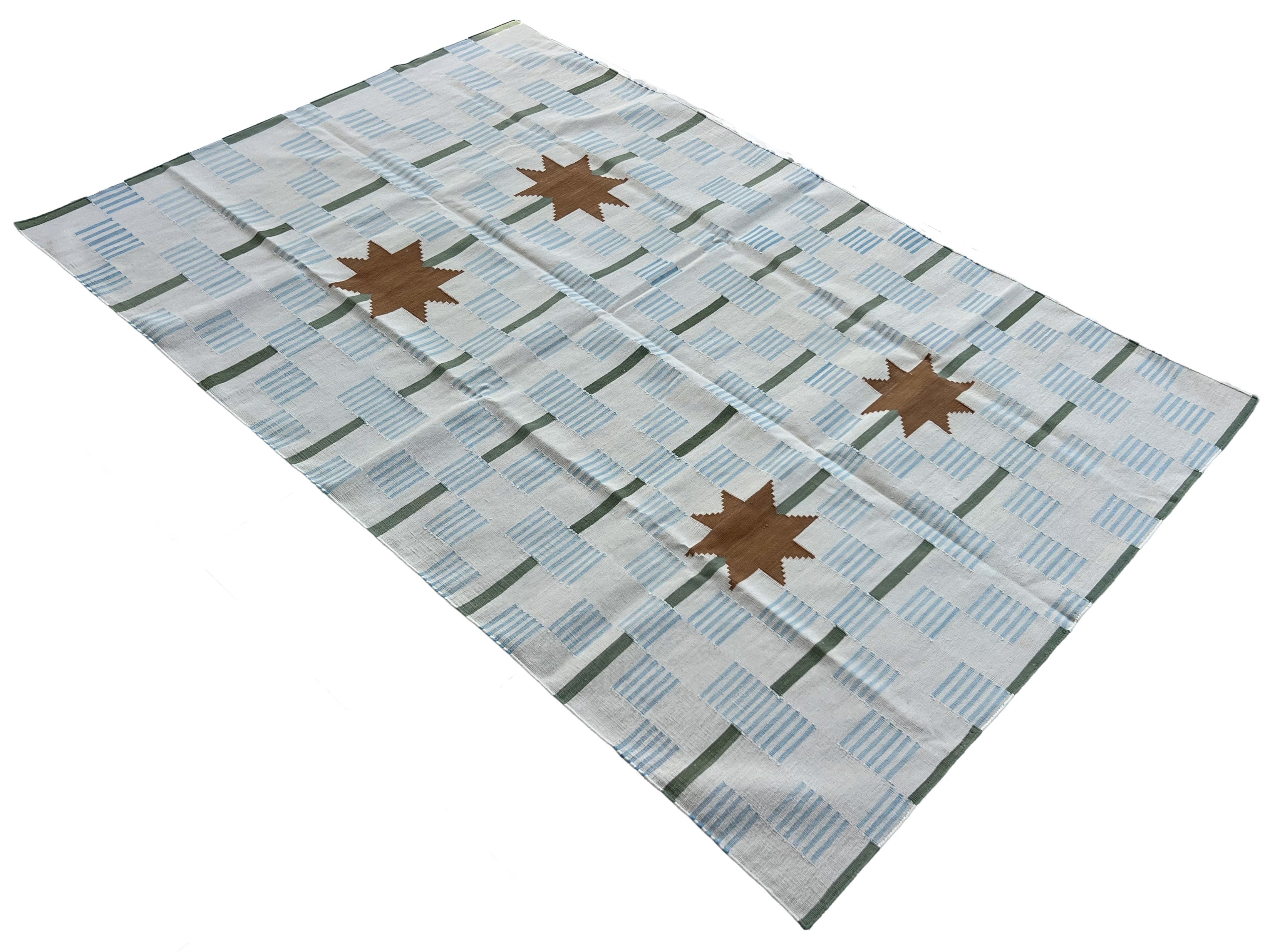 Modern Handmade Cotton Rug, 5'x8' Sky Blue, Sage Green And Cream Star And Dash Striped Rug-6825