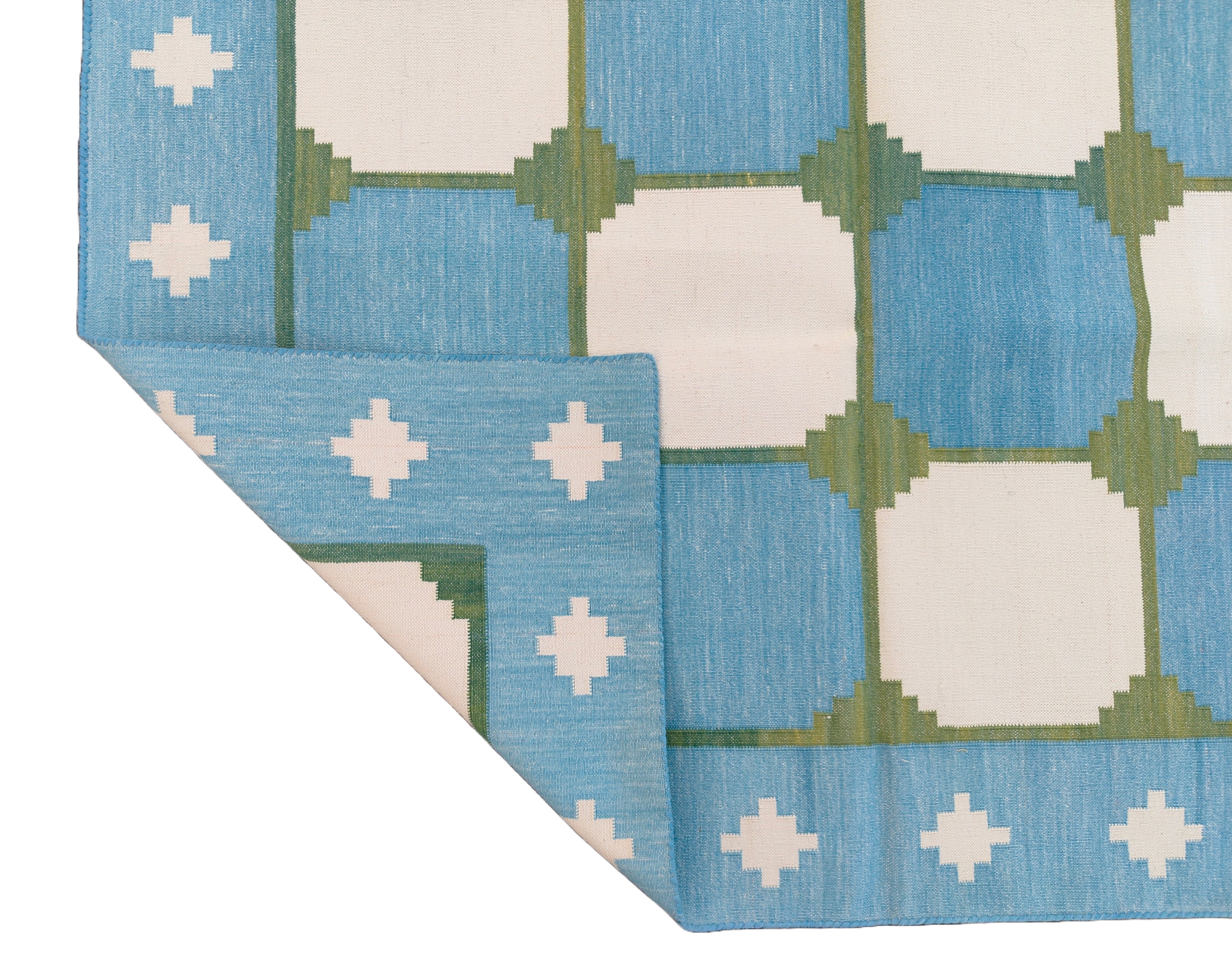 Modern Handmade Cotton Rug, 4x6 Sky Blue And Green Tile Swedish Rug-6782