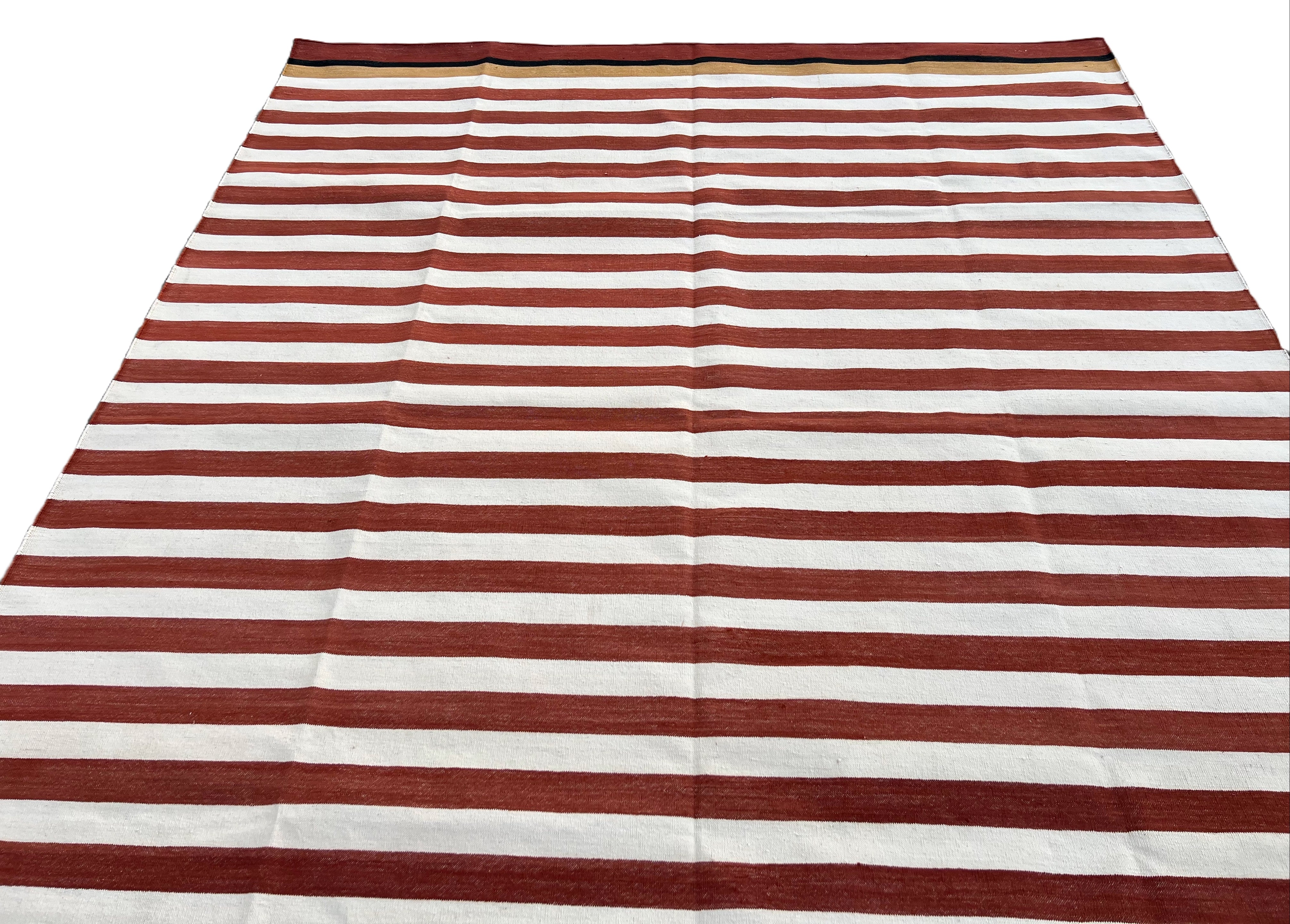 Modern Handmade Cotton Terracotta And White Striped Rug-6538