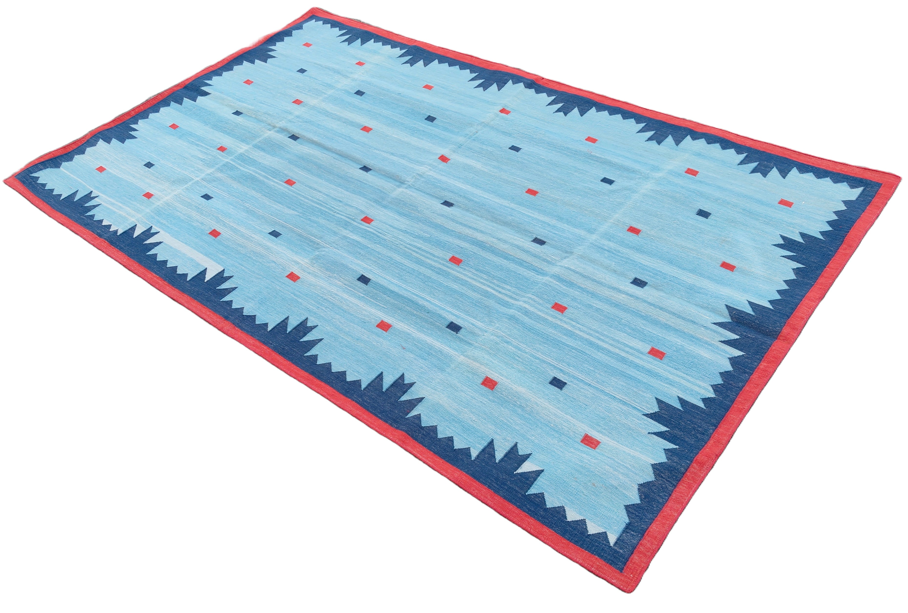 Modern Handmade Cotton Rug, 5x8 Sky And Navy Blue Red Border Geometric Diamond Rug-6775