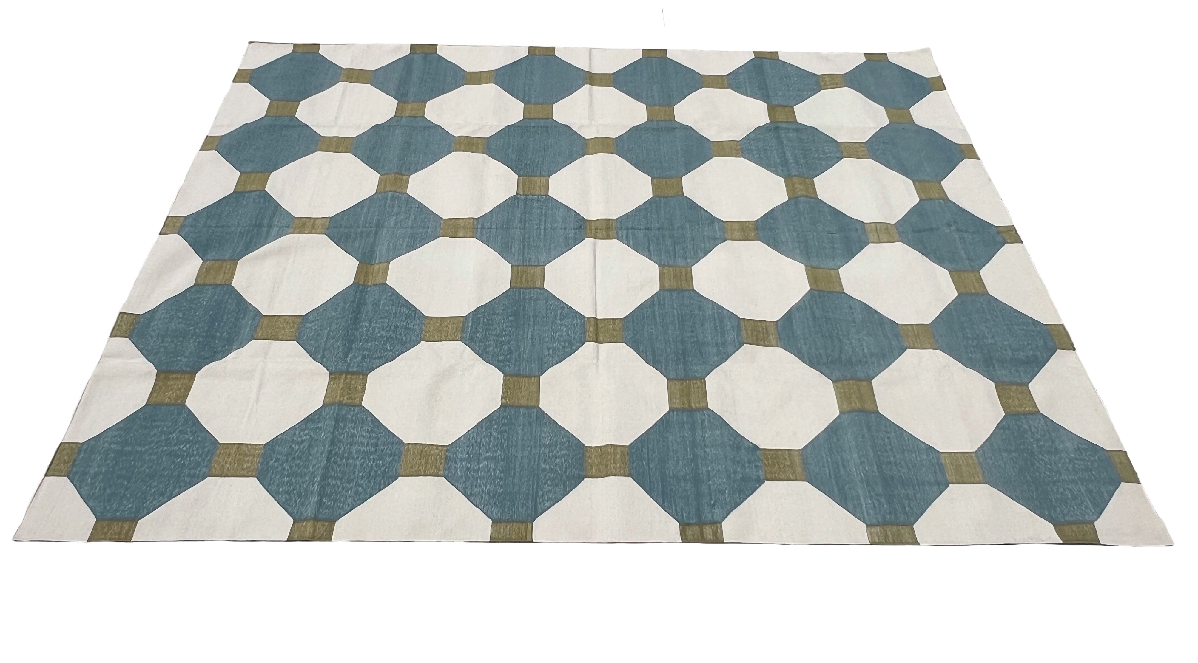 Modern Handmade Cotton Teal Blue, Cream And Olive Green Tile Area Rug-6842