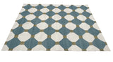 Modern Handmade Cotton Teal Blue, Cream And Olive Green Tile Area Rug-6842