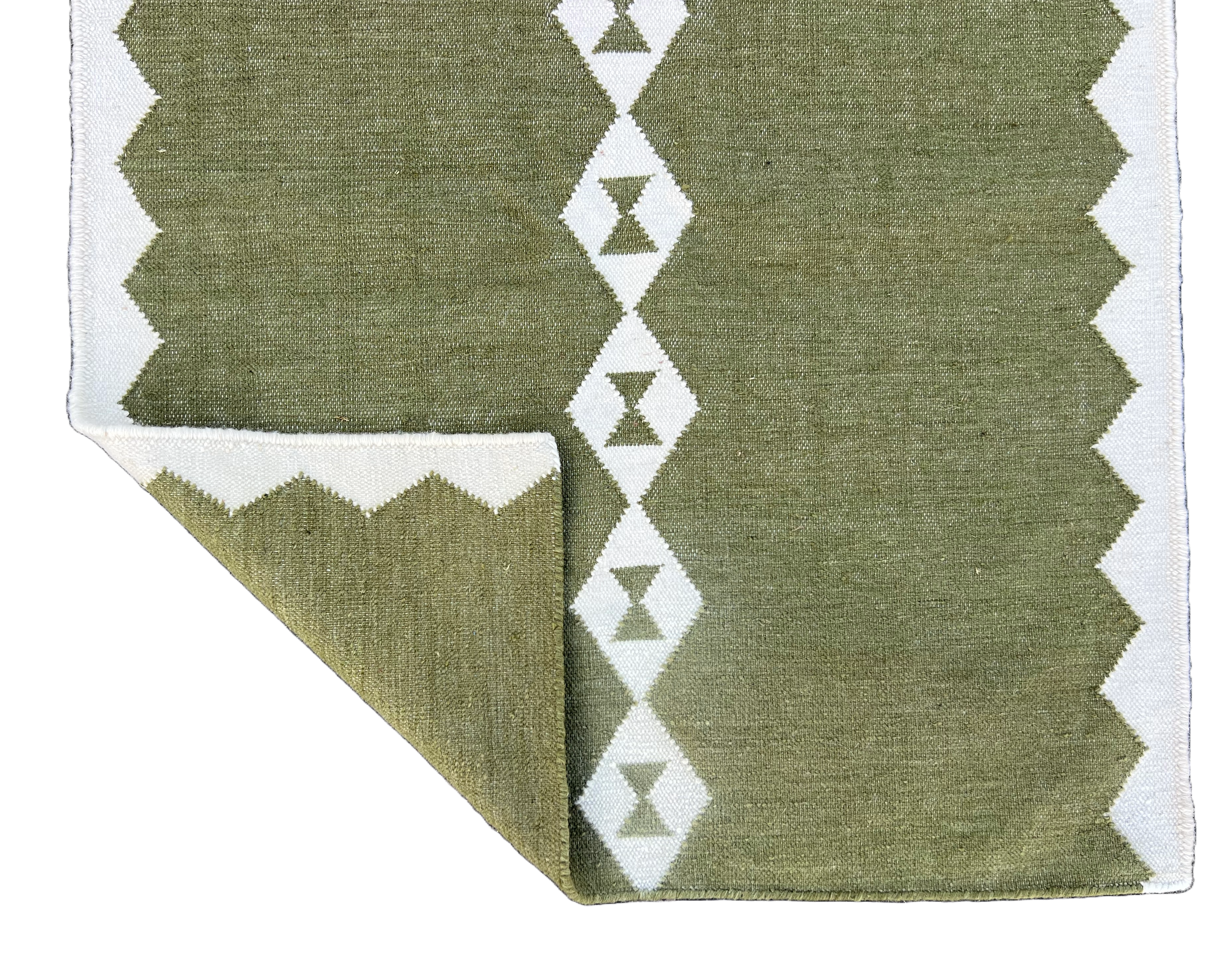 Modern Handmade New Zealand Wool Dark Olive Green And White Geometric Runner-6756