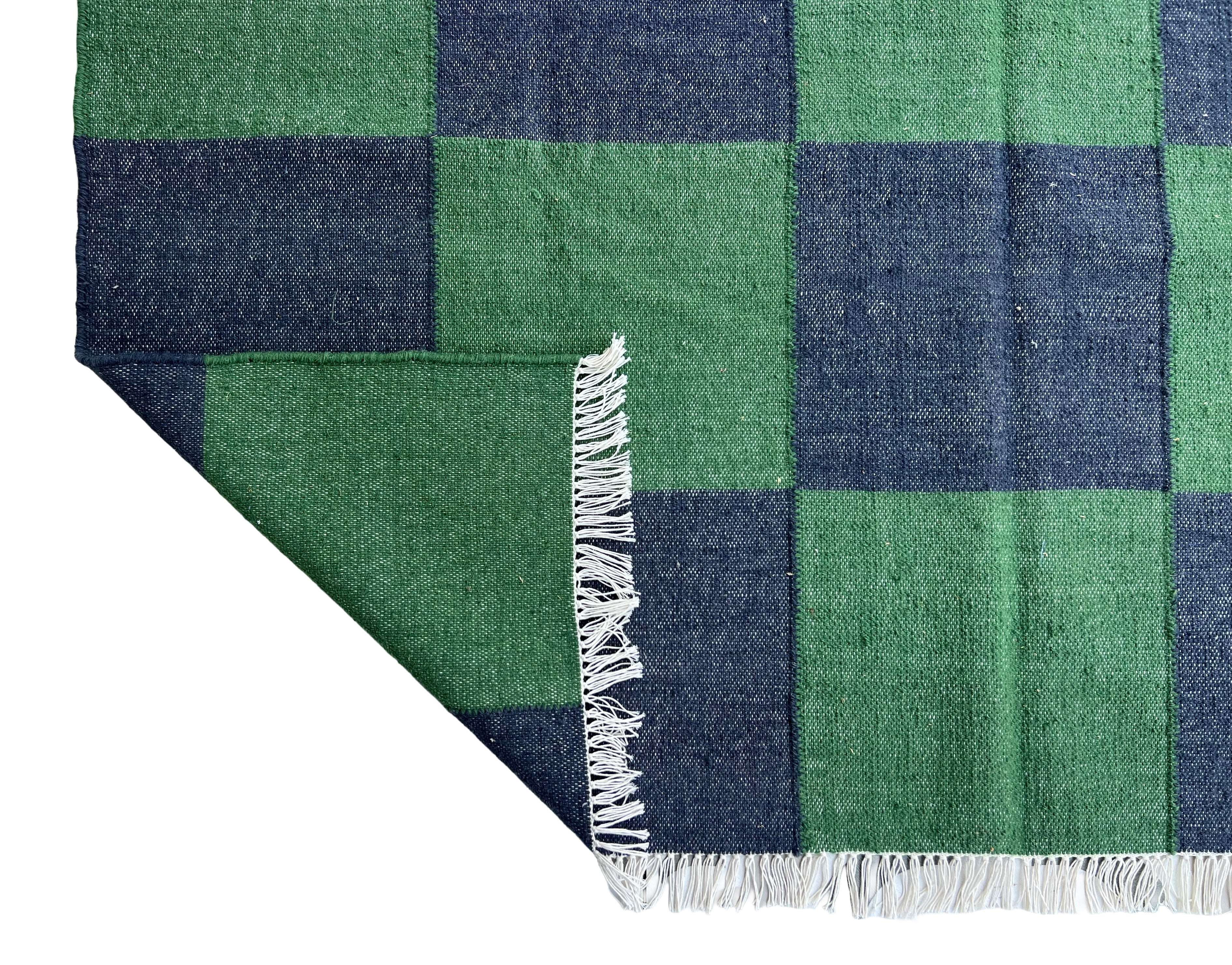 Modern Handmade New Zealand Wool Forest Green And Greyish Blue Checker Board Area Rug-6827