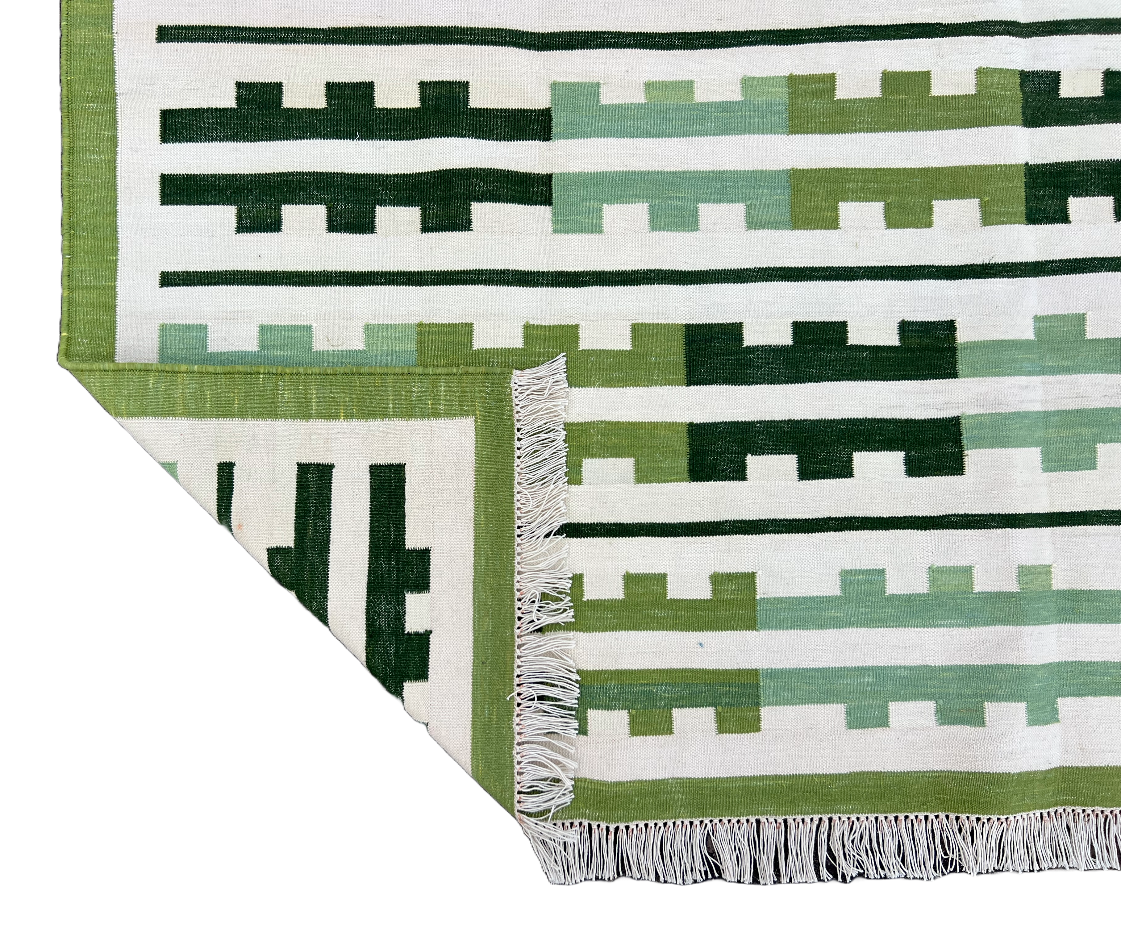 Modern Handmade Cotton Green And Cream Marianne Striped Rug-6757