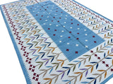 Modern Handmade Cotton Area Flat Weave Rug, Sky Blue And Cream Leaf Indian Dhurrie-6779
