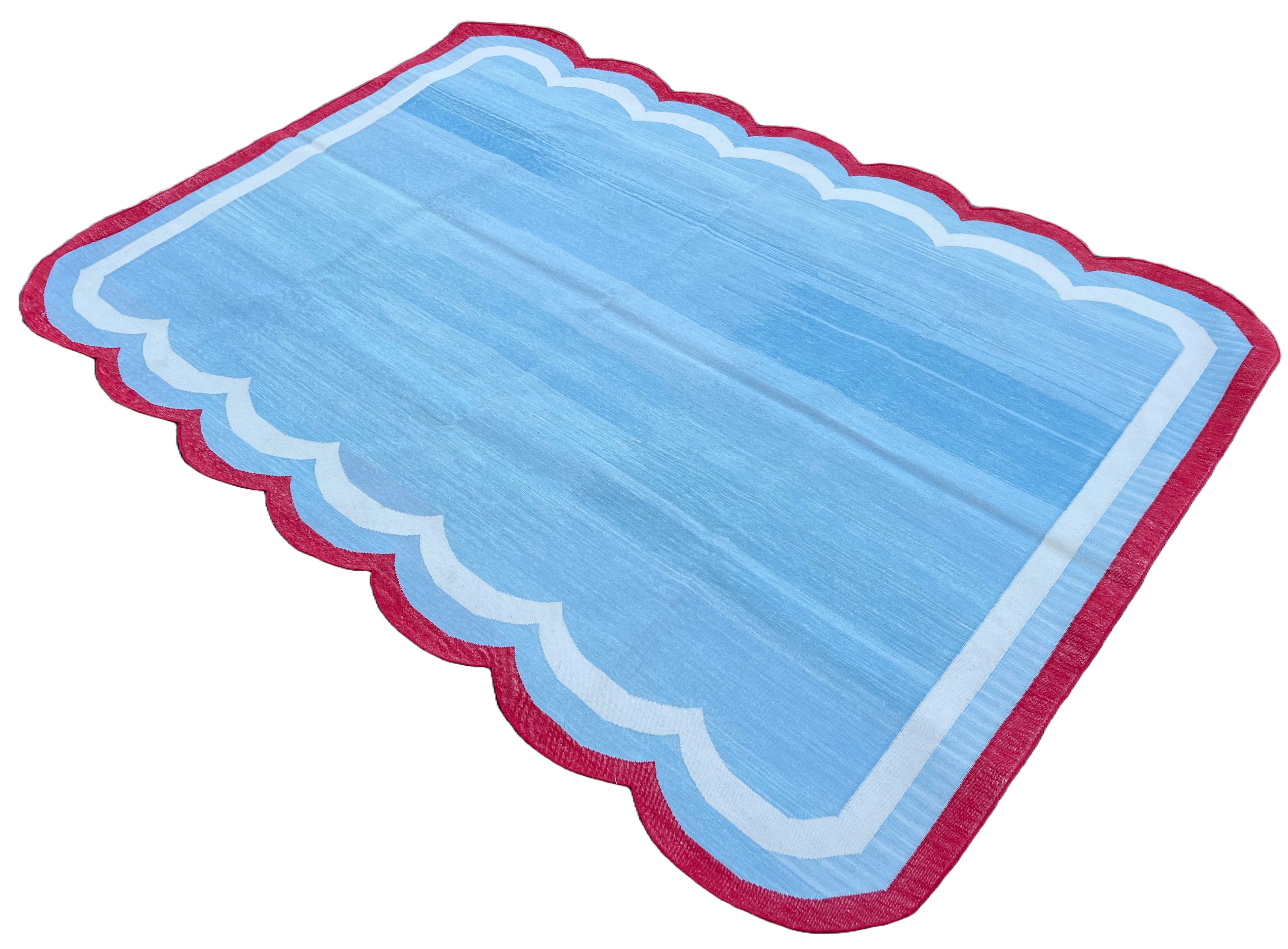 Modern Handmade Cotton Sky Blue, Cream and Red Scalloped Rug-9660