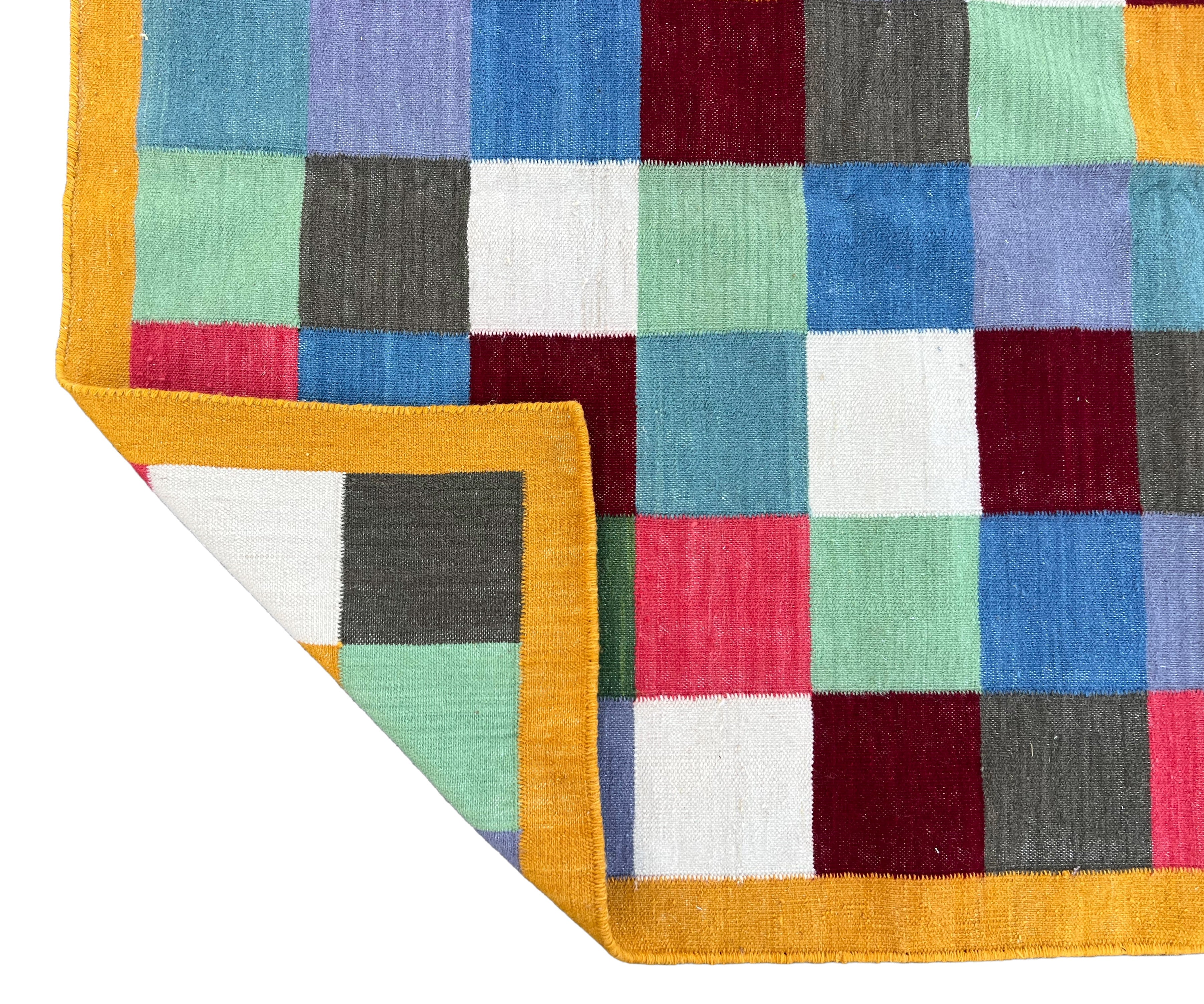 Modern Handmade Woolen Rug, 4x8 Multicolor Checked Dhurrie Runner -6785