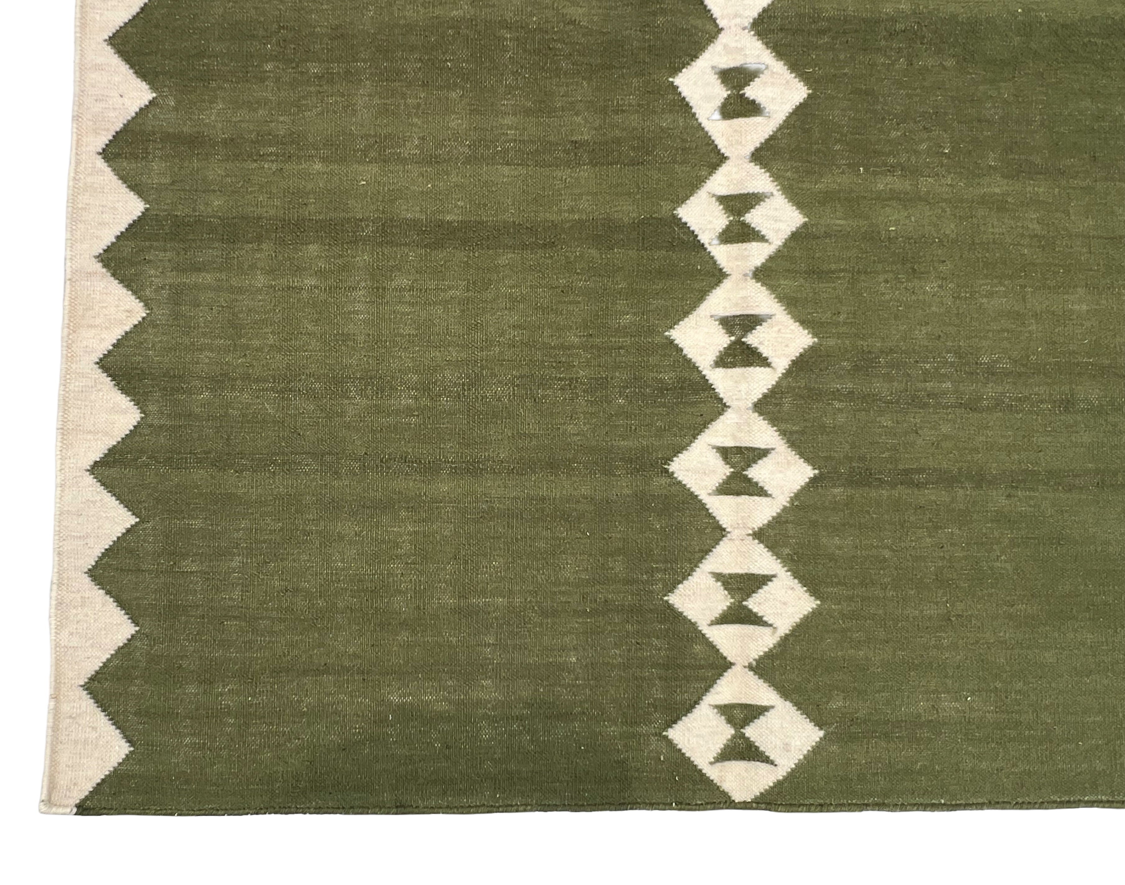 Modern Handmade New Zealand Wool Olive Green And Cream Diamond Runner-6841
