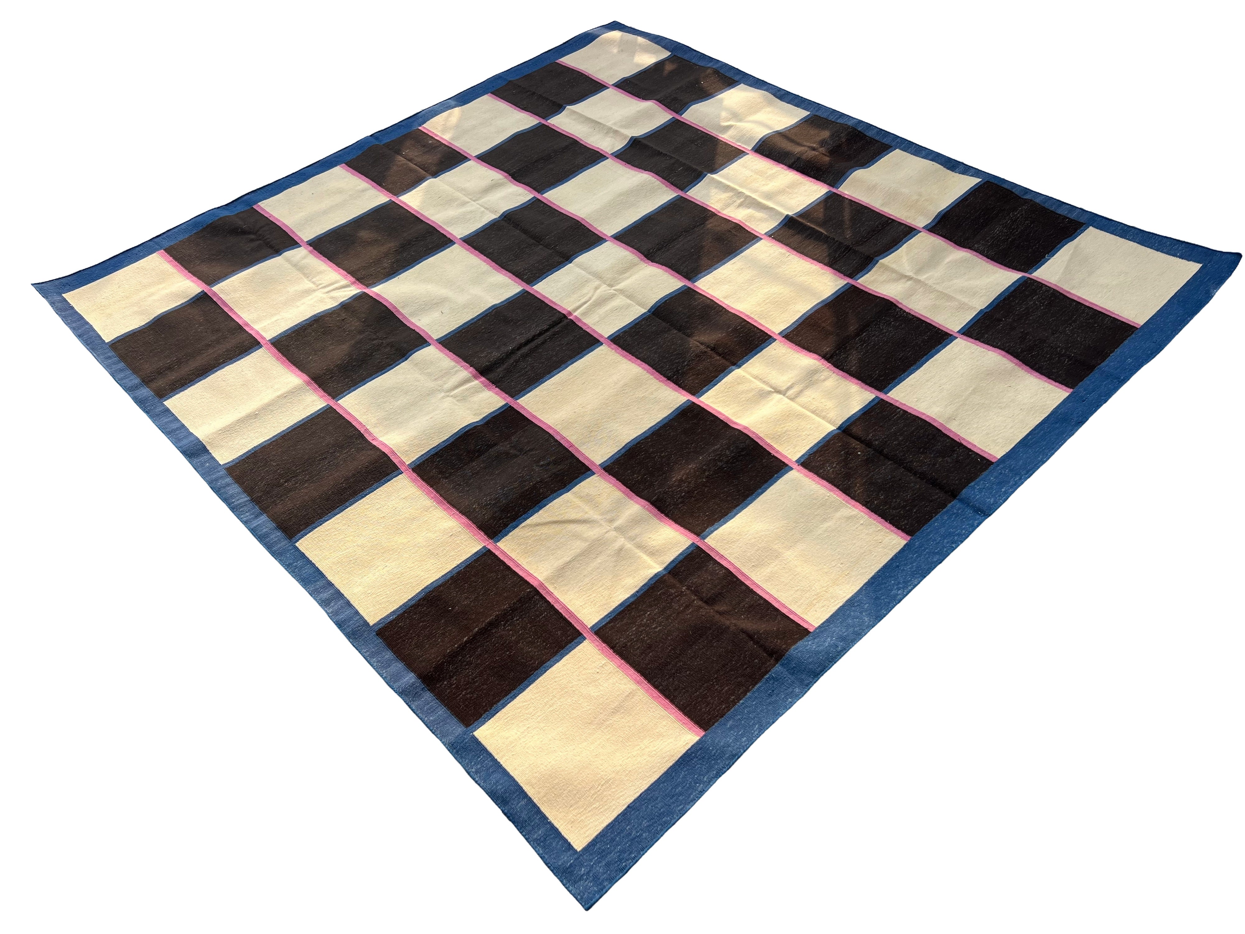 Modern Handmade Cotton Rug, 8'x8' Cream, Brown And Pink Checker Board Rug-6822