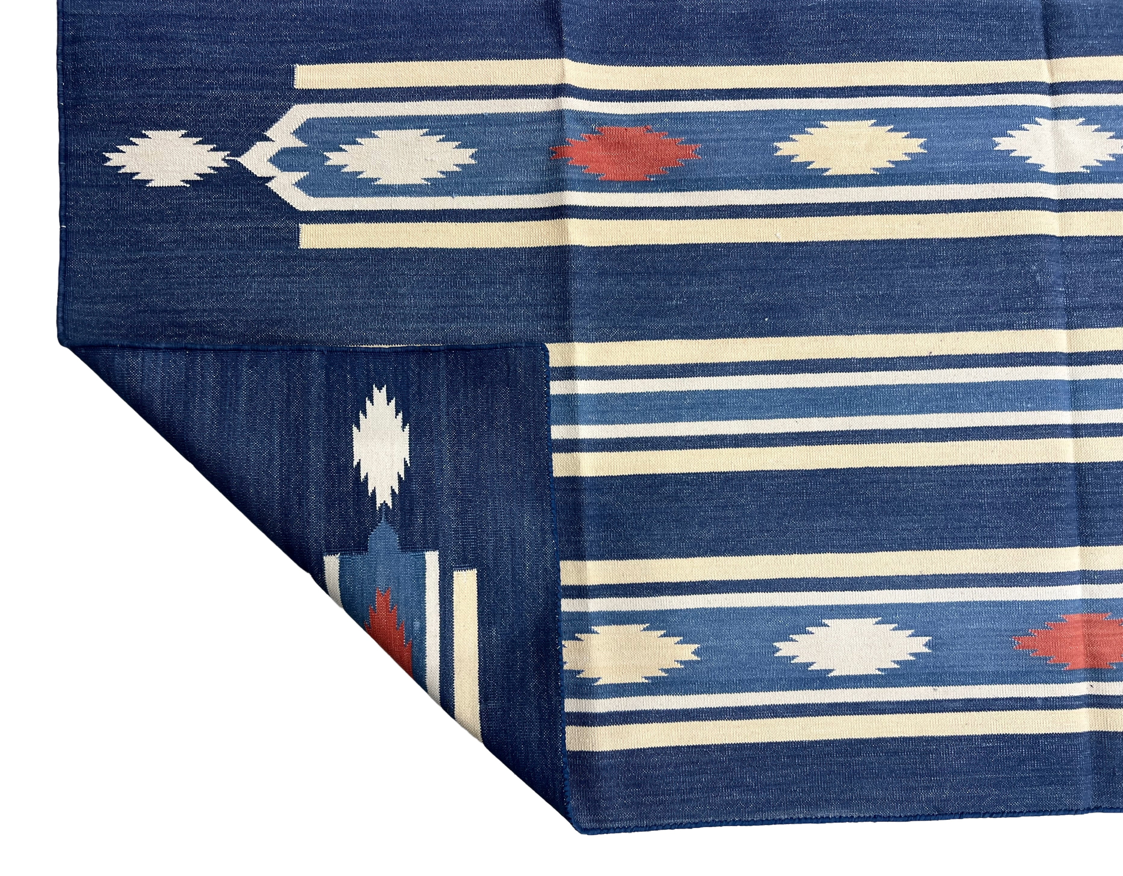 Modern Handmade Cotton Indigo Blue, Cream And Terracotta Diamond Striped Area Rug-6829