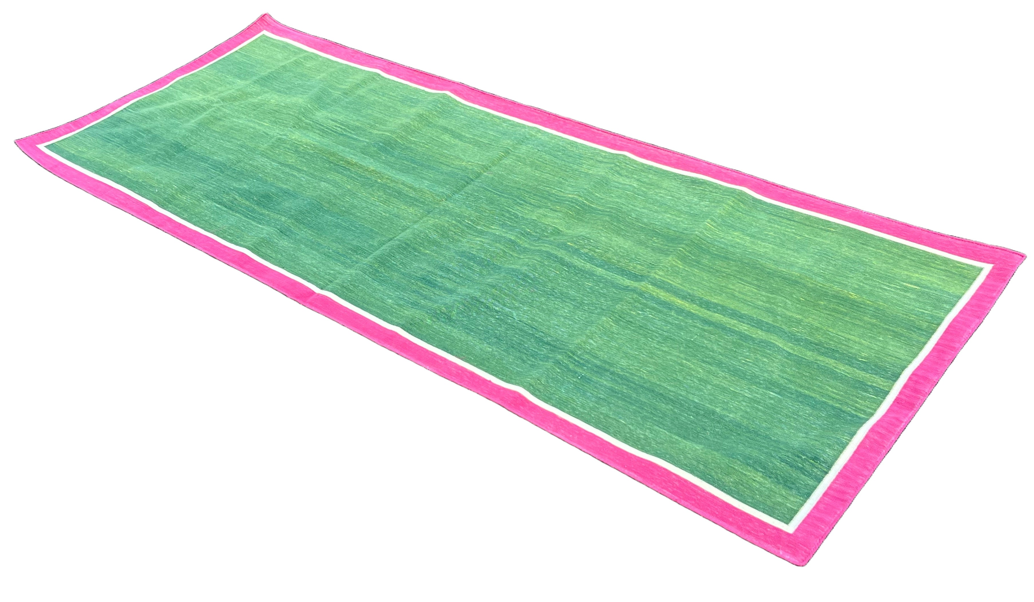 Modern Handmade Cotton Green, Cream And Raspberry Pink Empty Field Runner-6758